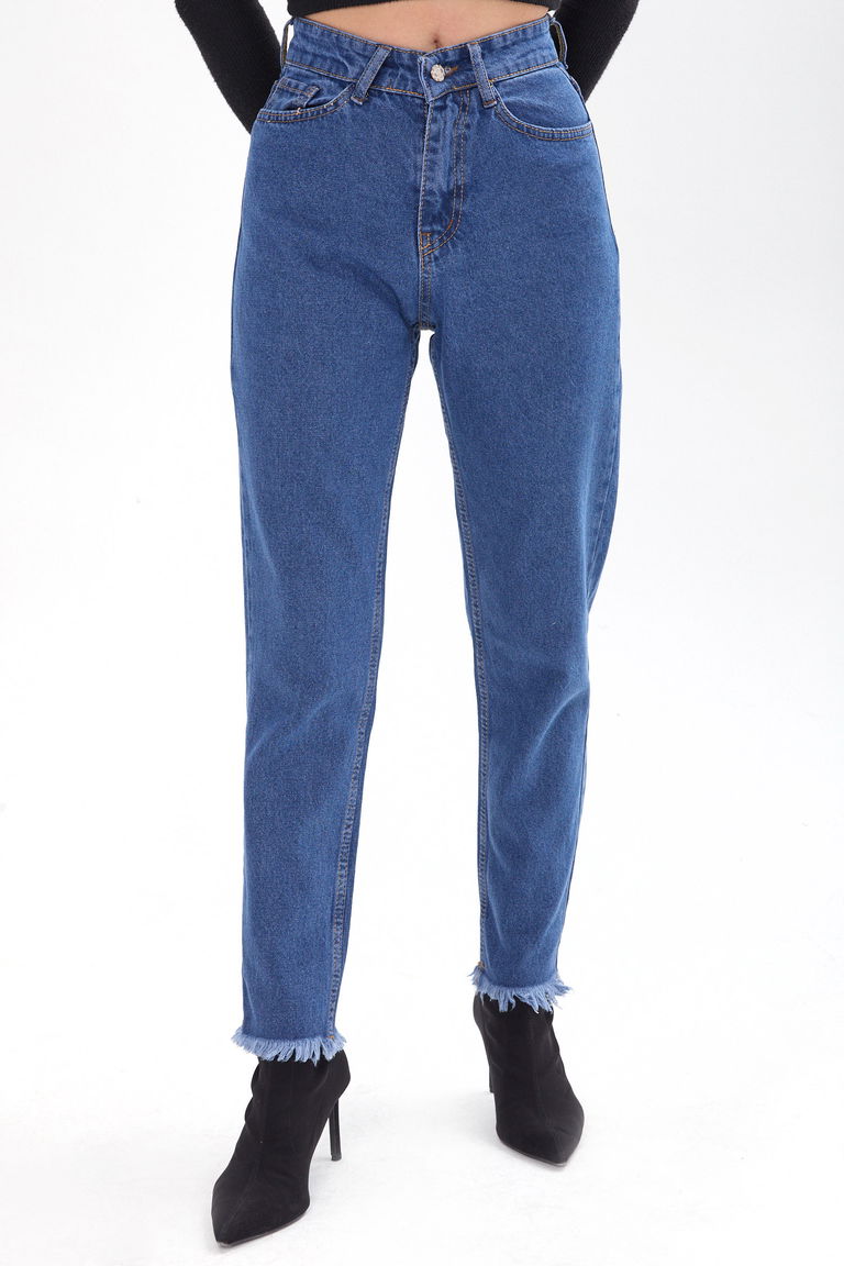 23670-MAVI Yüksek Bel Paça Püsküllü Mom Jeans - TOFİSA