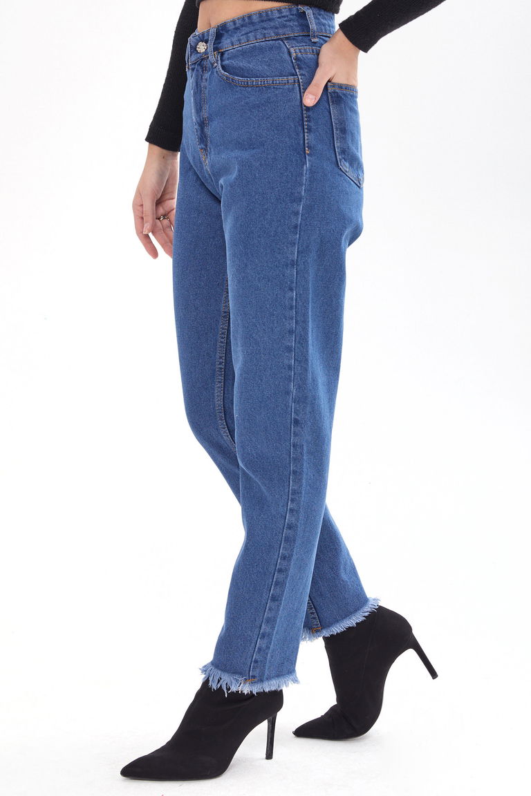23670-MAVI Yüksek Bel Paça Püsküllü Mom Jeans - TOFİSA