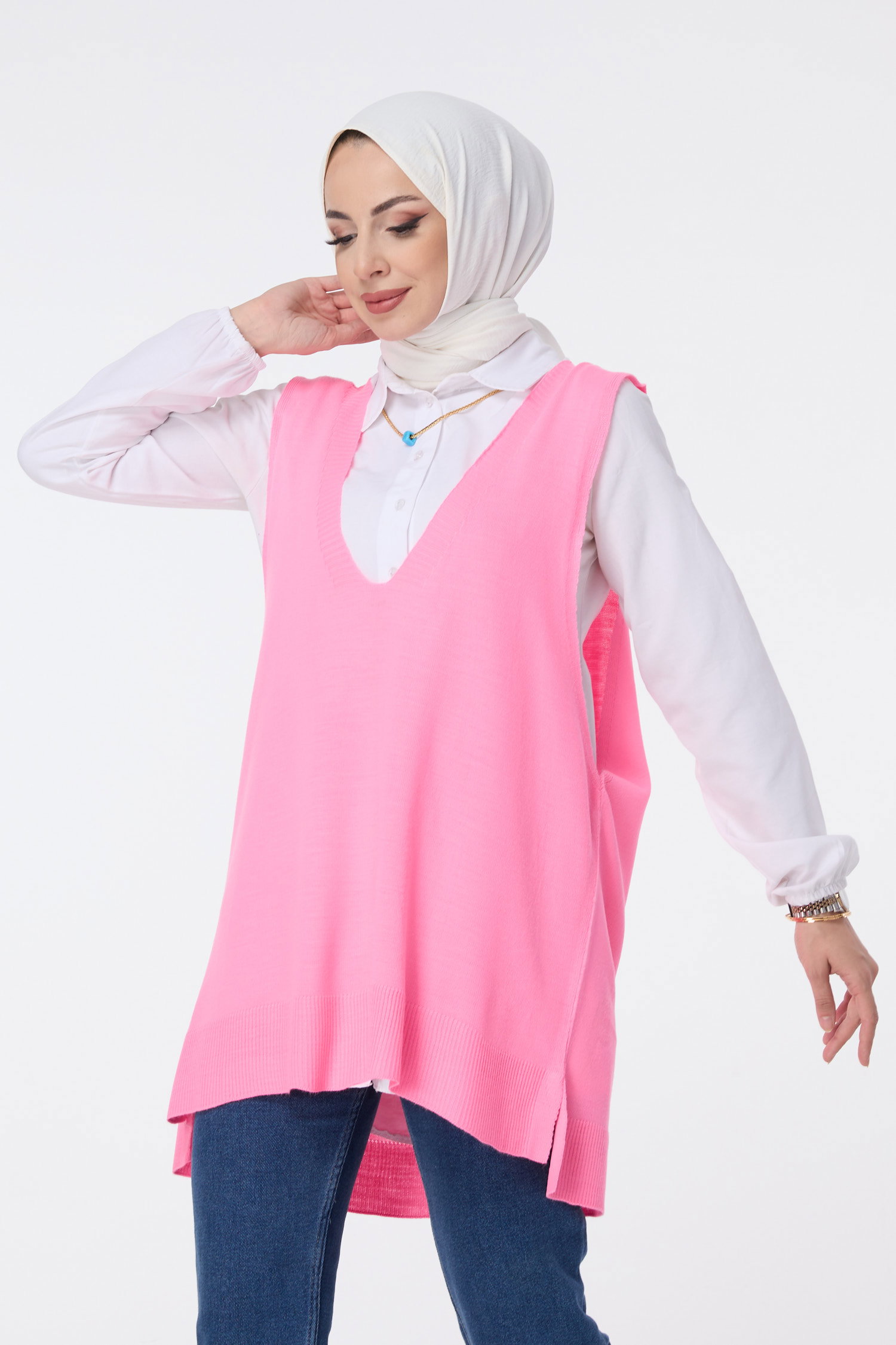 23691-PEMBE V Yaka Triko Süveter - 2