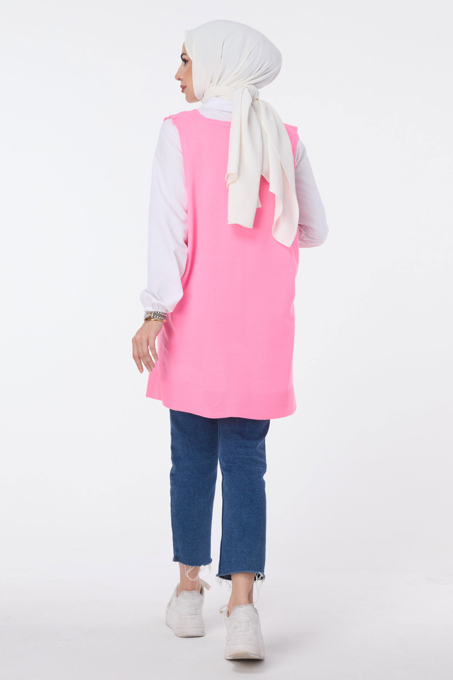 23691-PEMBE V Yaka Triko Süveter - 5