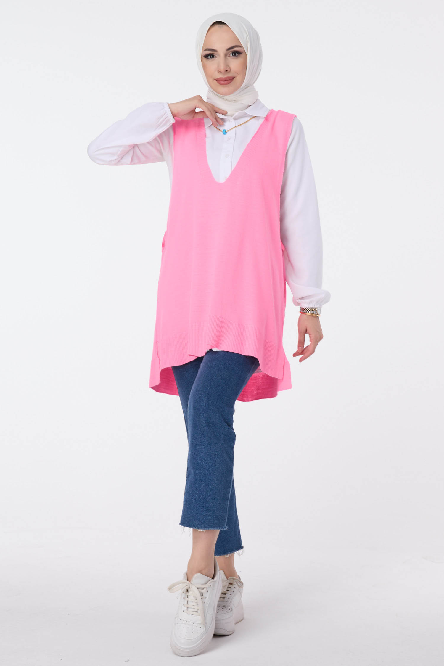 23691-PEMBE V Yaka Triko Süveter - 1