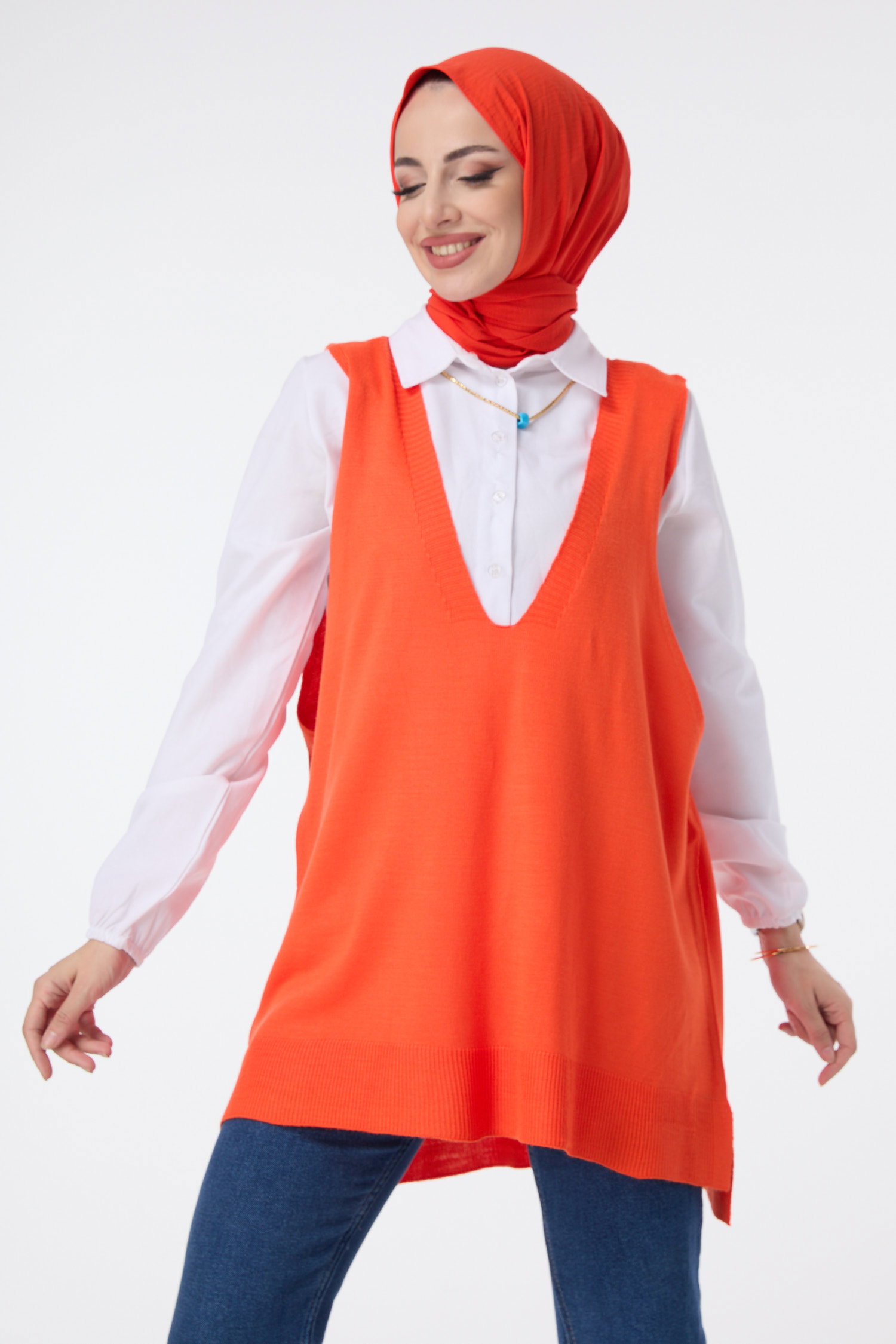 23691-TURUNCU V Yaka Triko Süveter - 1