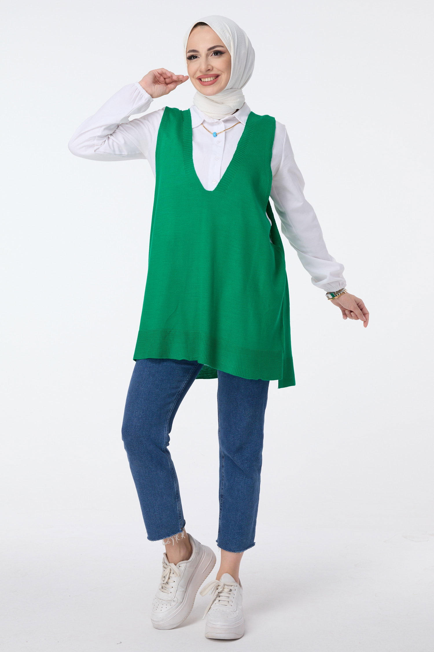 23691-YESIL V Yaka Triko Süveter - 1