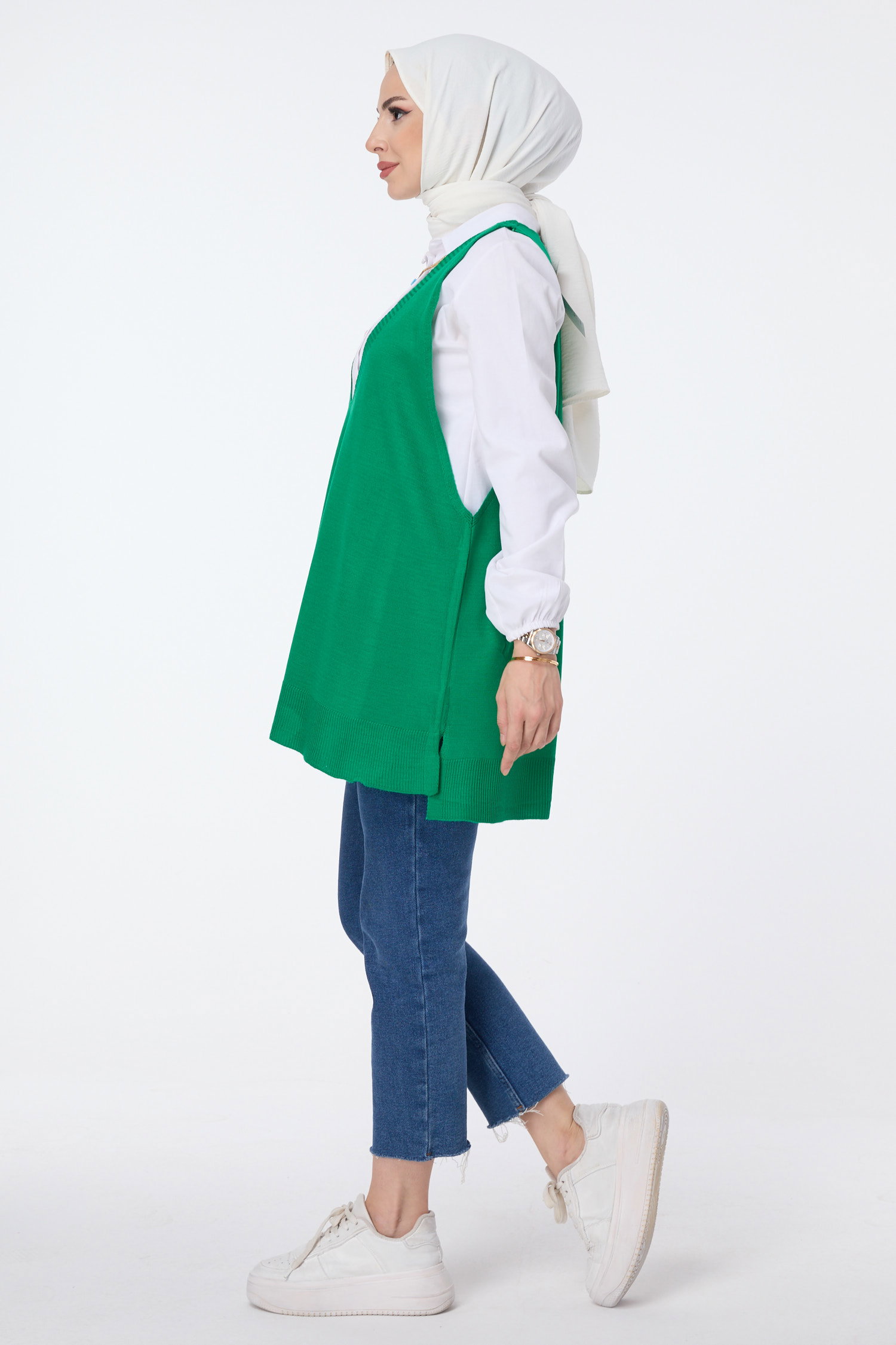 23691-YESIL V Yaka Triko Süveter - 2
