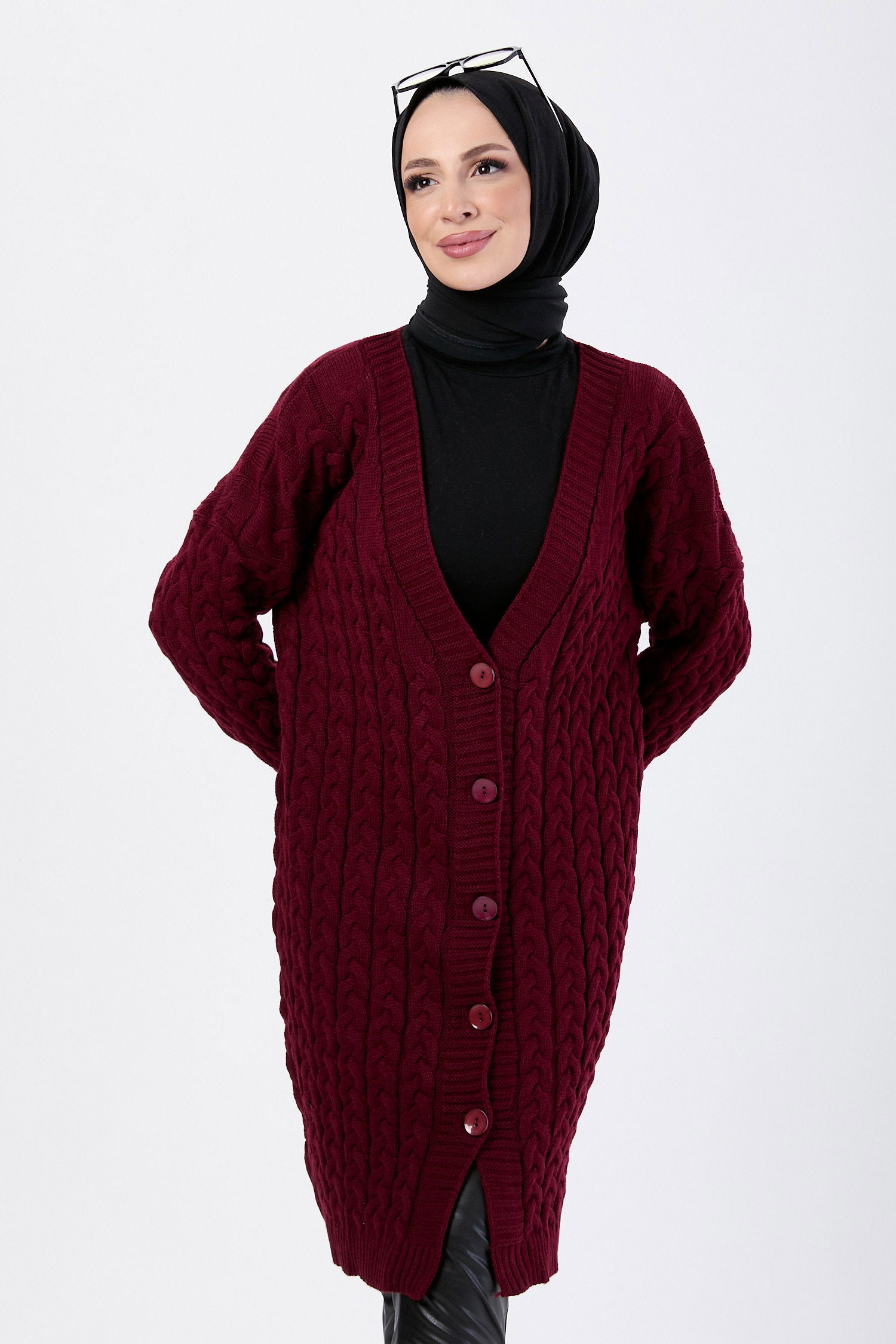 23703-BORDO Triko Hırka - 1