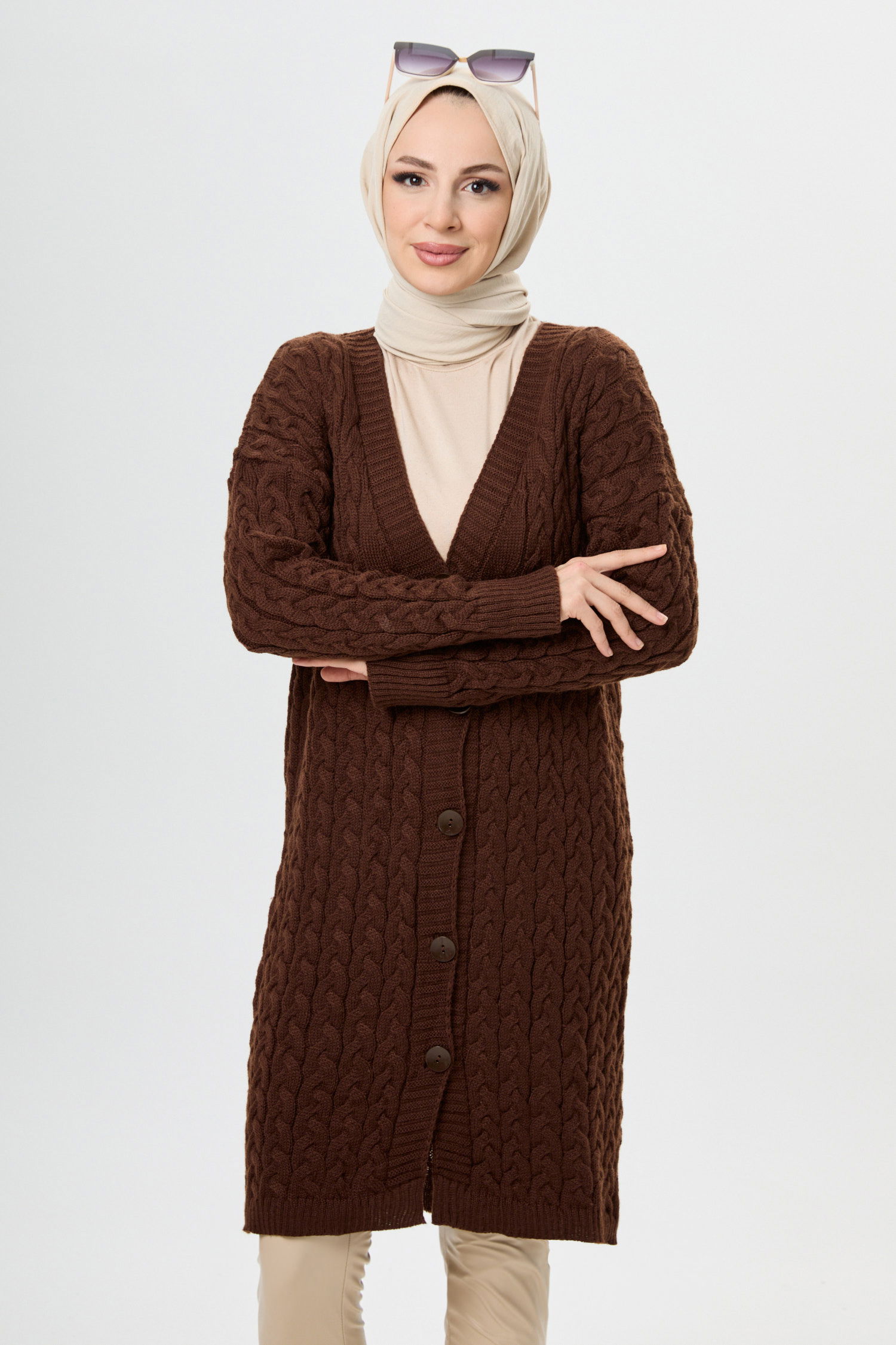 23703-KAHVE Örgü Desen Düğmeli Triko Hırka - 5