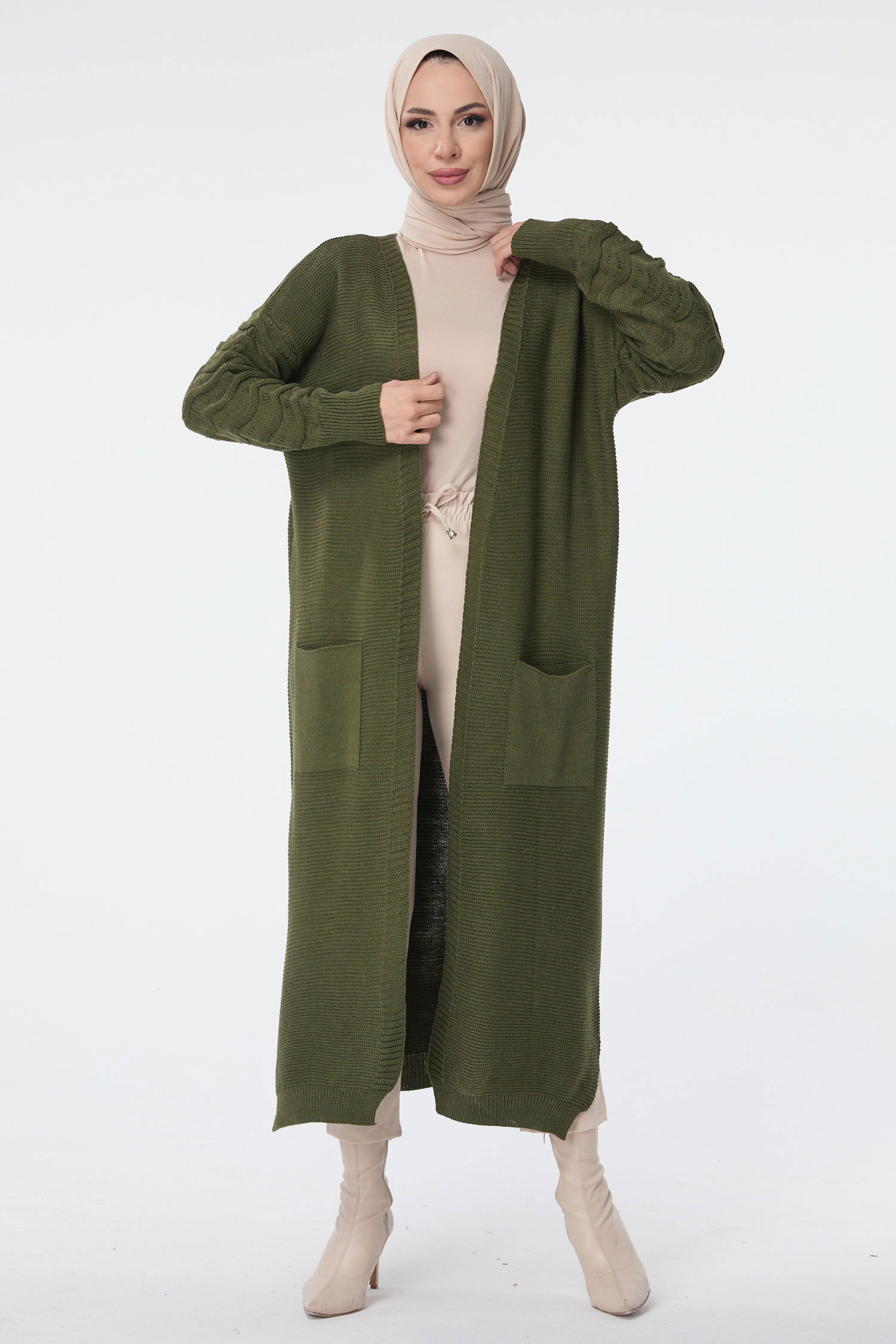 23704-HAKI Cepli Uzun Triko Hırka - 1