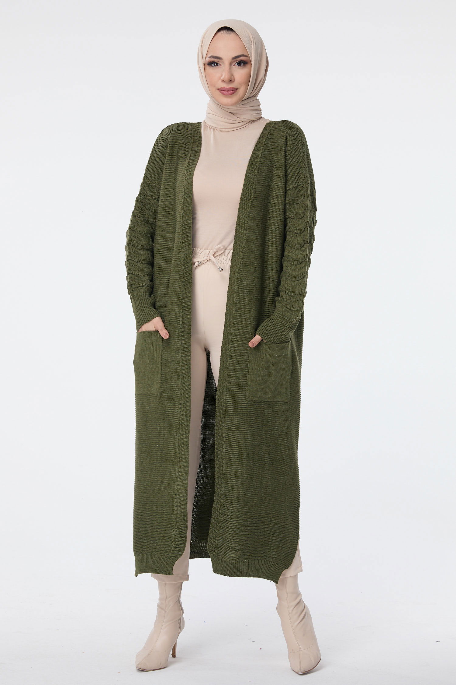 23704-HAKI Cepli Uzun Triko Hırka - 2