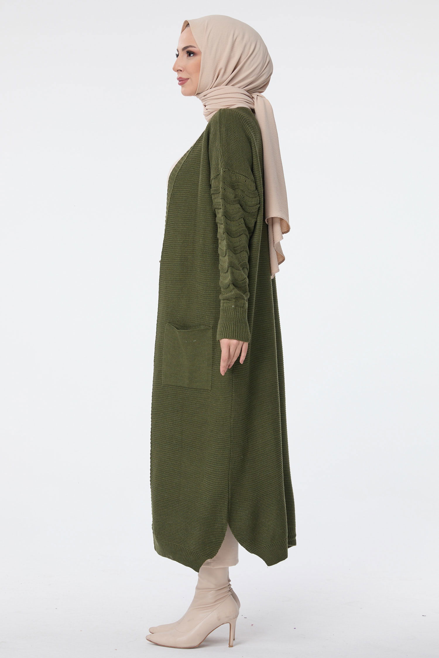 23704-HAKI Cepli Uzun Triko Hırka - 3