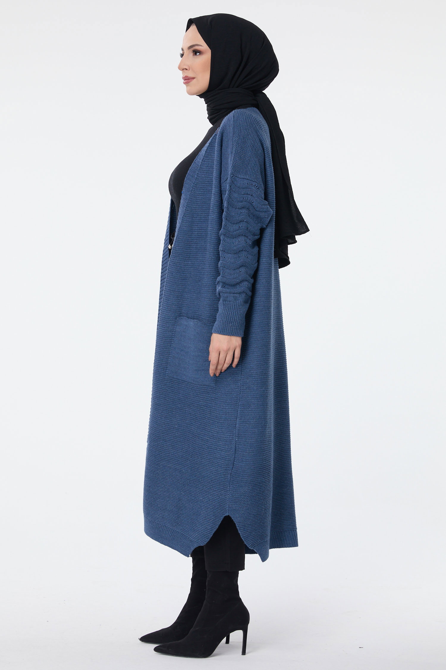 23704-INDIGO Cepli Uzun Triko Hırka - 3