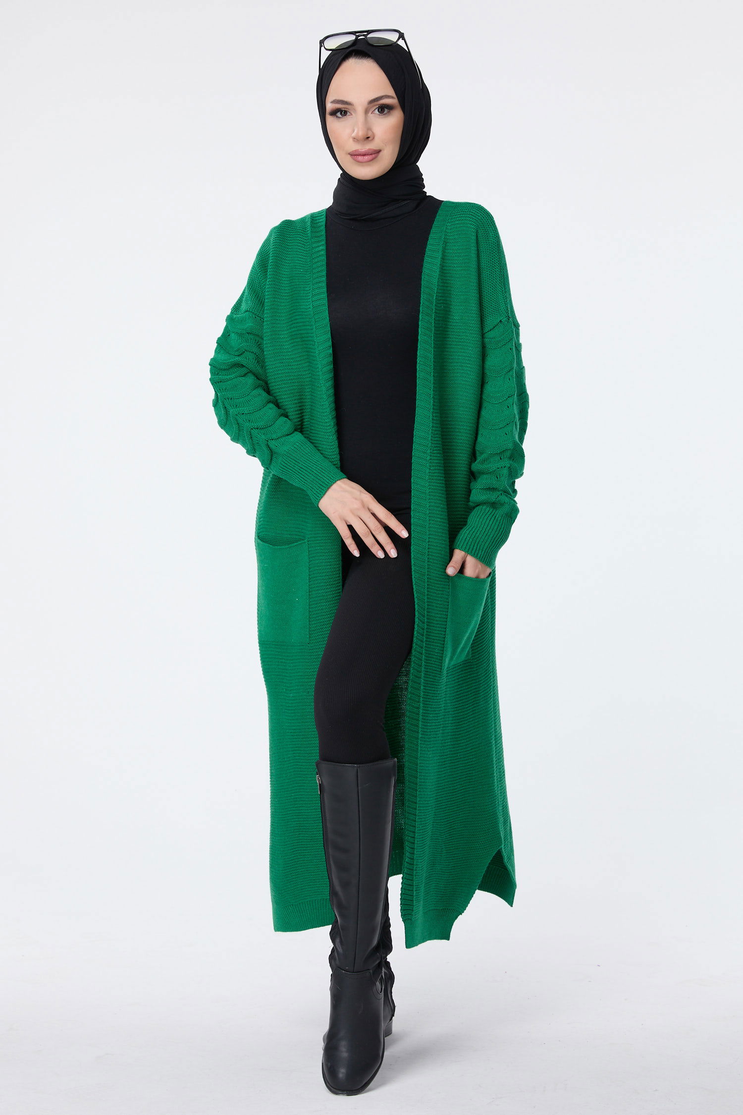 23704-YESIL Cepli Uzun Triko Hırka - 1