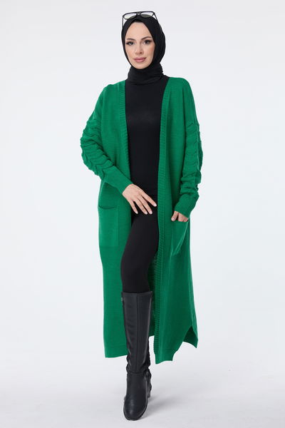 23704-YESIL Cepli Uzun Triko Hırka 
