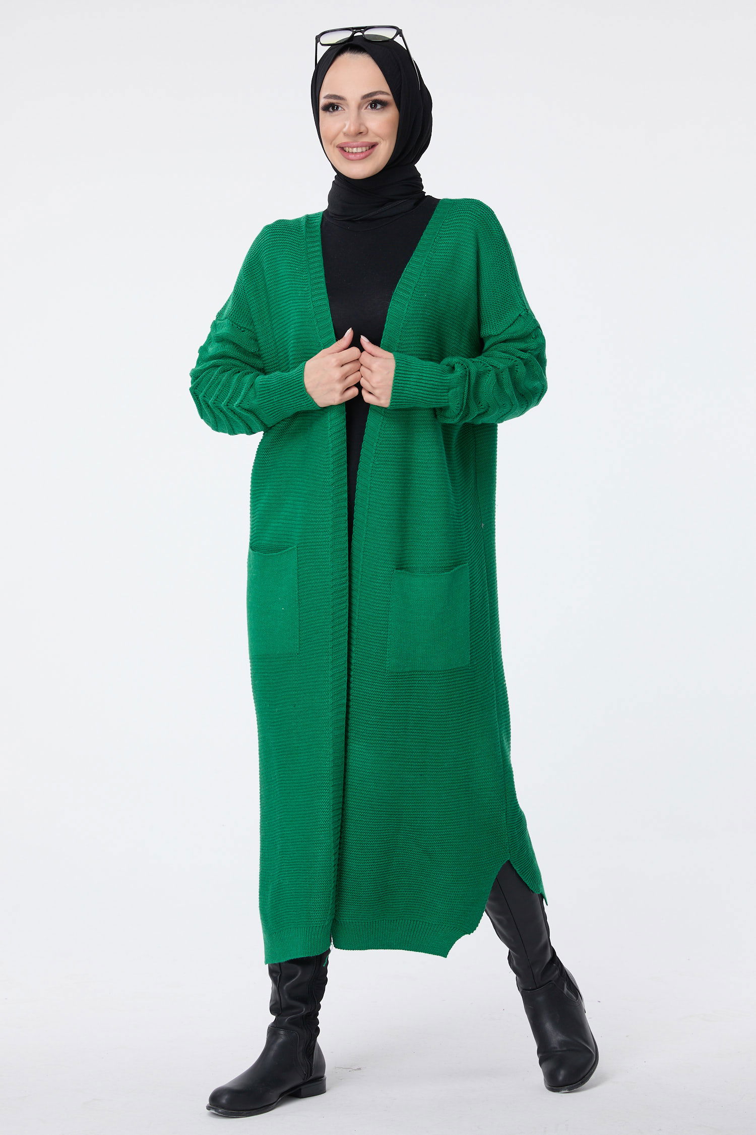 23704-YESIL Cepli Uzun Triko Hırka - 2