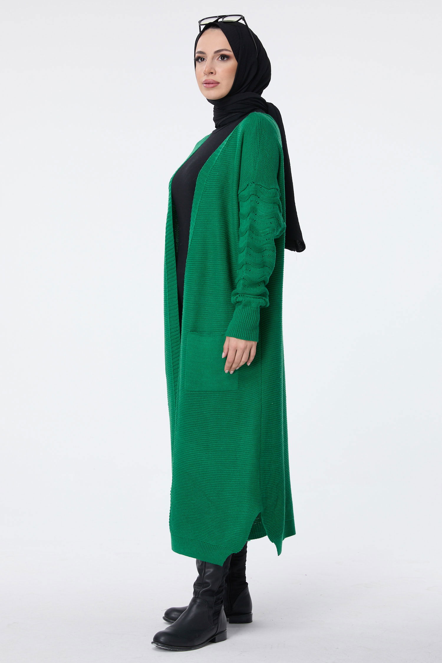 23704-YESIL Cepli Uzun Triko Hırka - 3