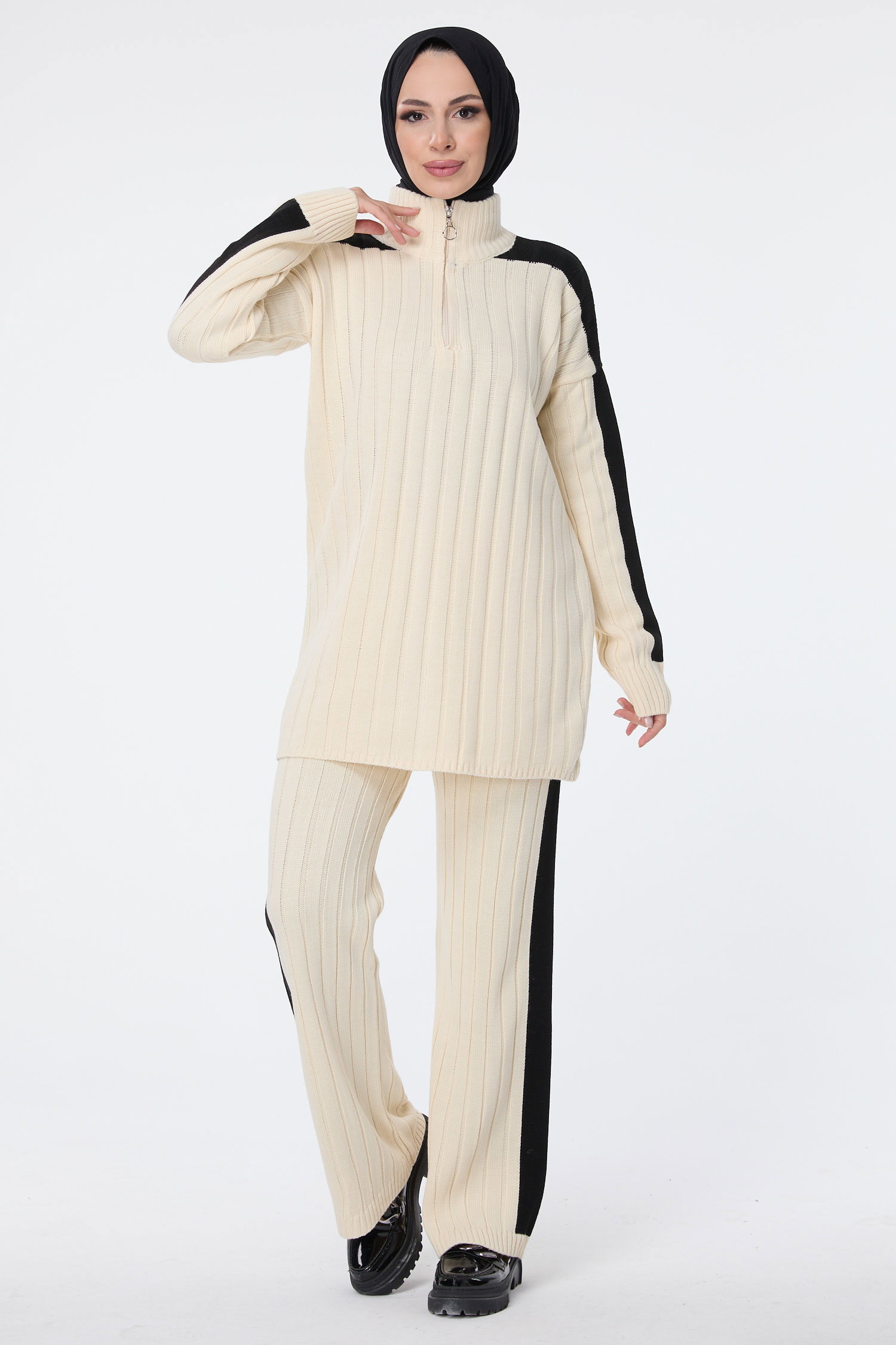 23706-KREM Triko Tunik Pantolon - 2