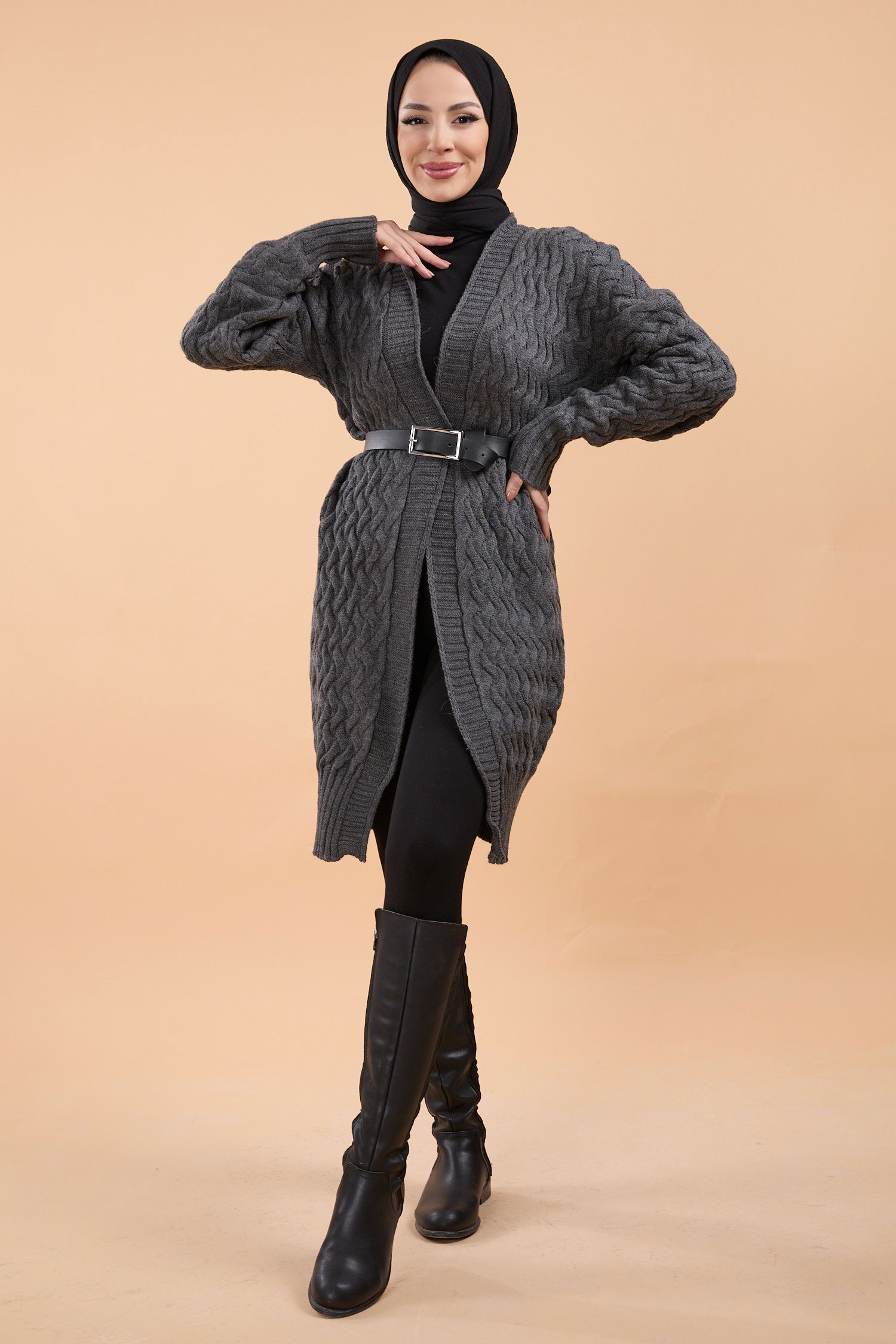 23766-ANTRASIT Örgü Desen Triko Hırka - 1