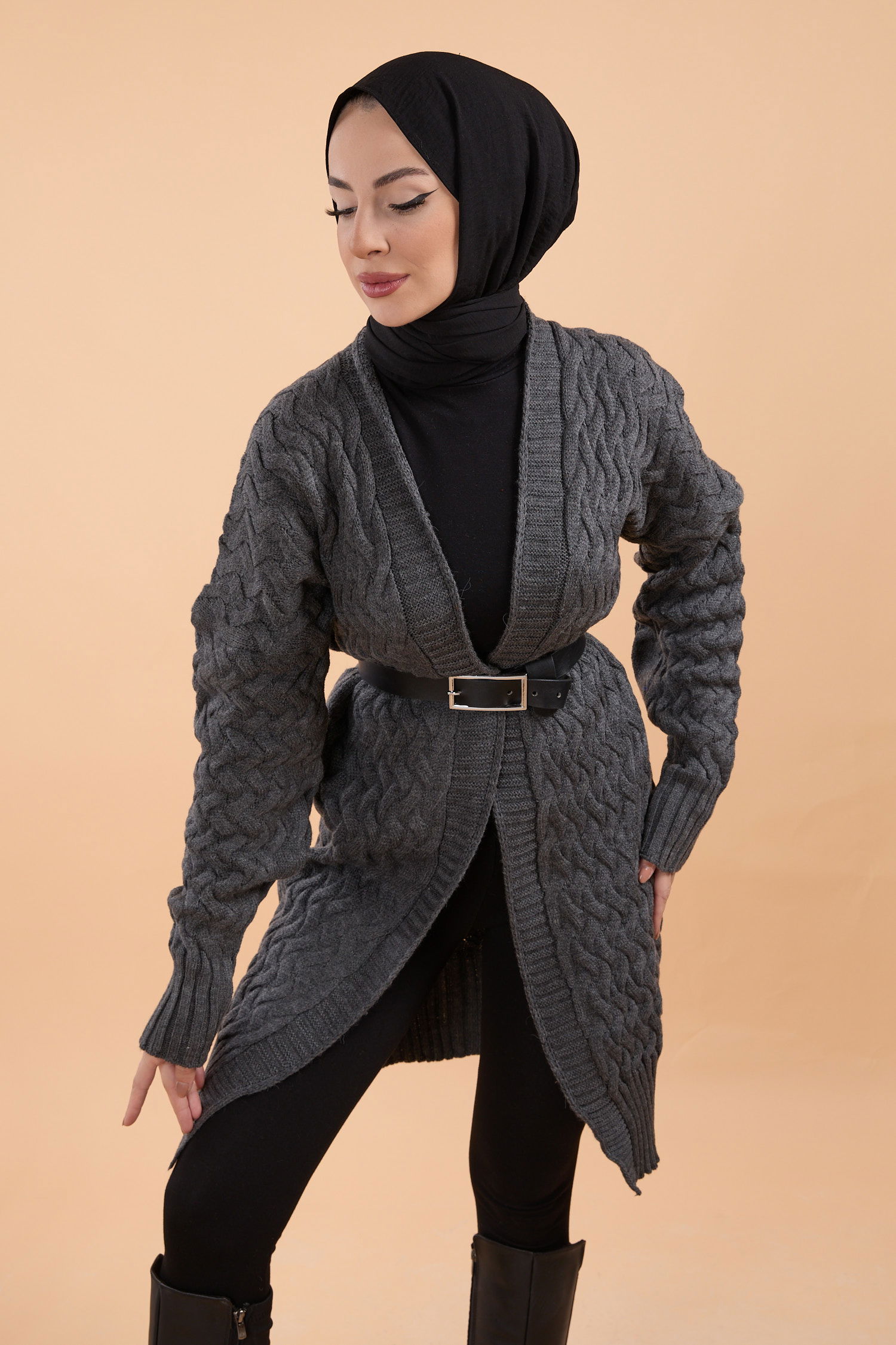 23766-ANTRASIT Örgü Desen Triko Hırka - 2