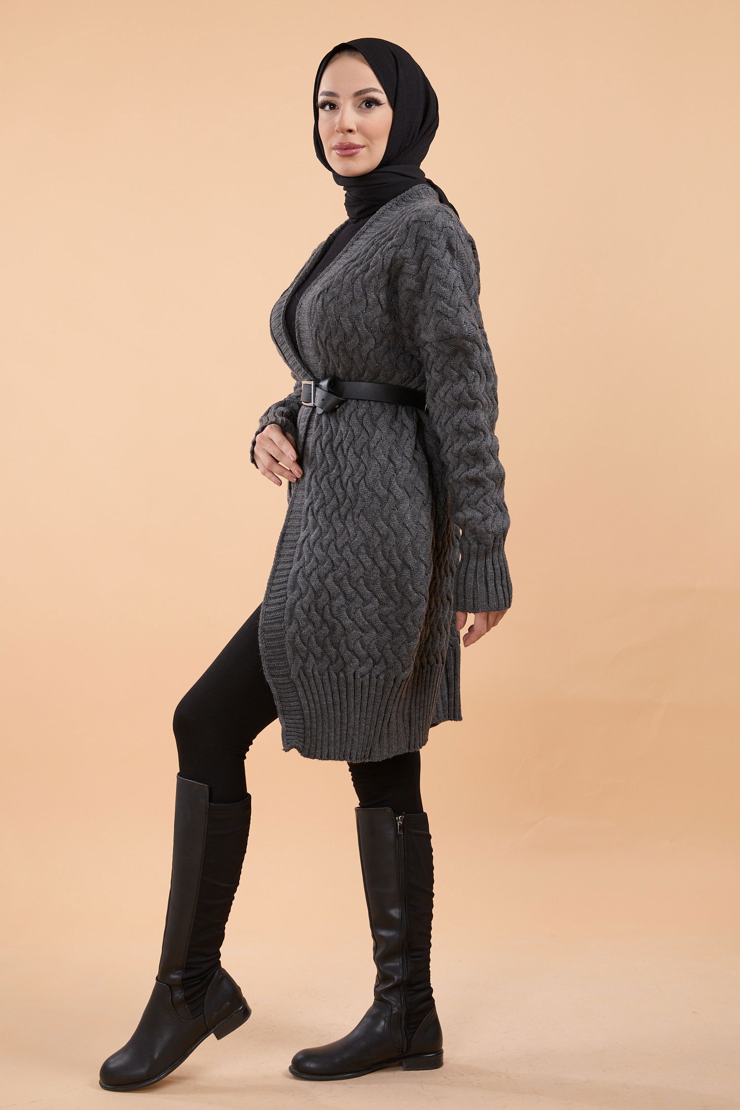 23766-ANTRASIT Örgü Desen Triko Hırka - 3