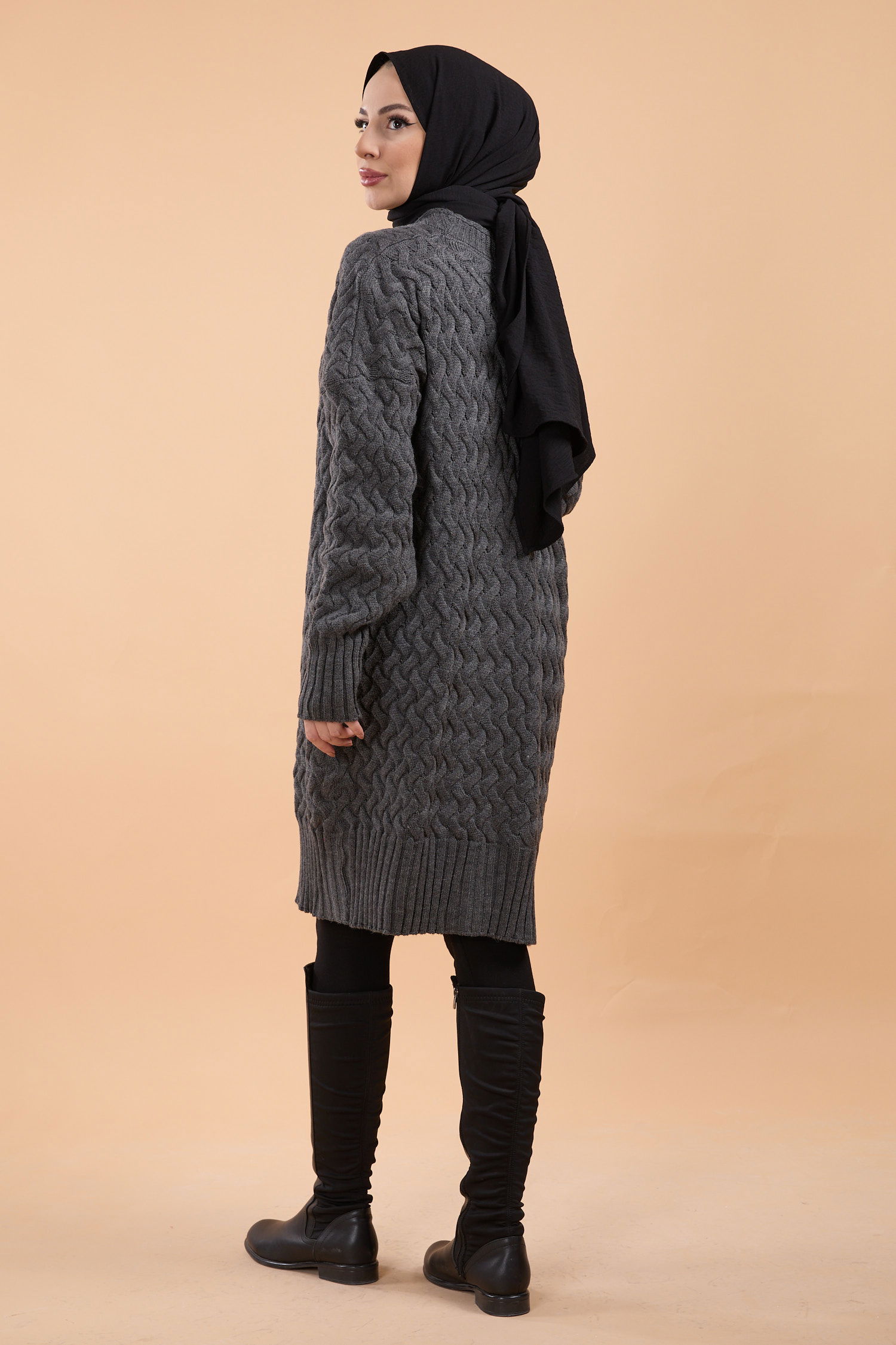 23766-ANTRASIT Örgü Desen Triko Hırka - 4