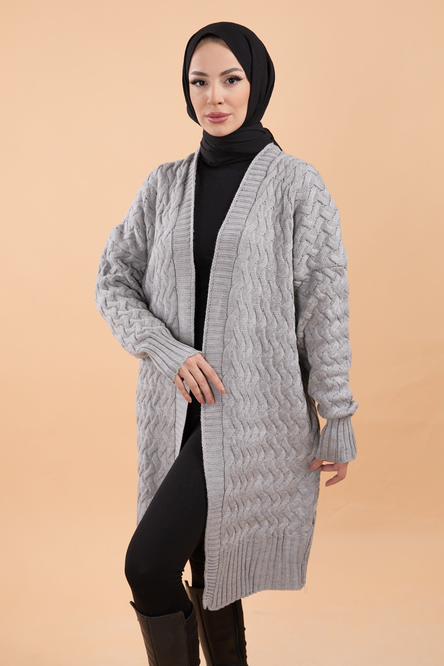 23766-GRI Örgü Desen Triko Hırka - 1