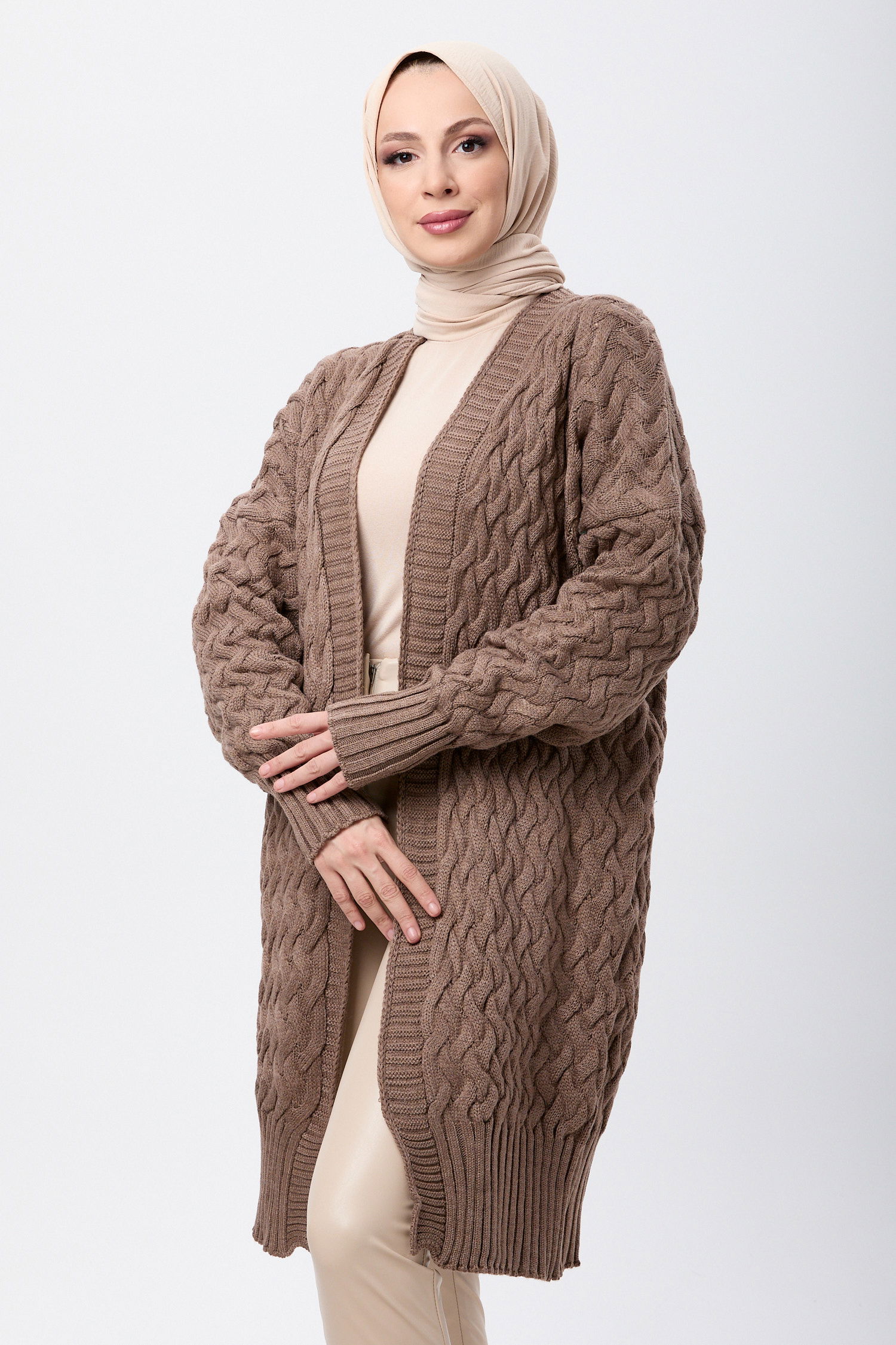 23766-KOYU-VIZON Örgü Desen Triko Hırka - 2