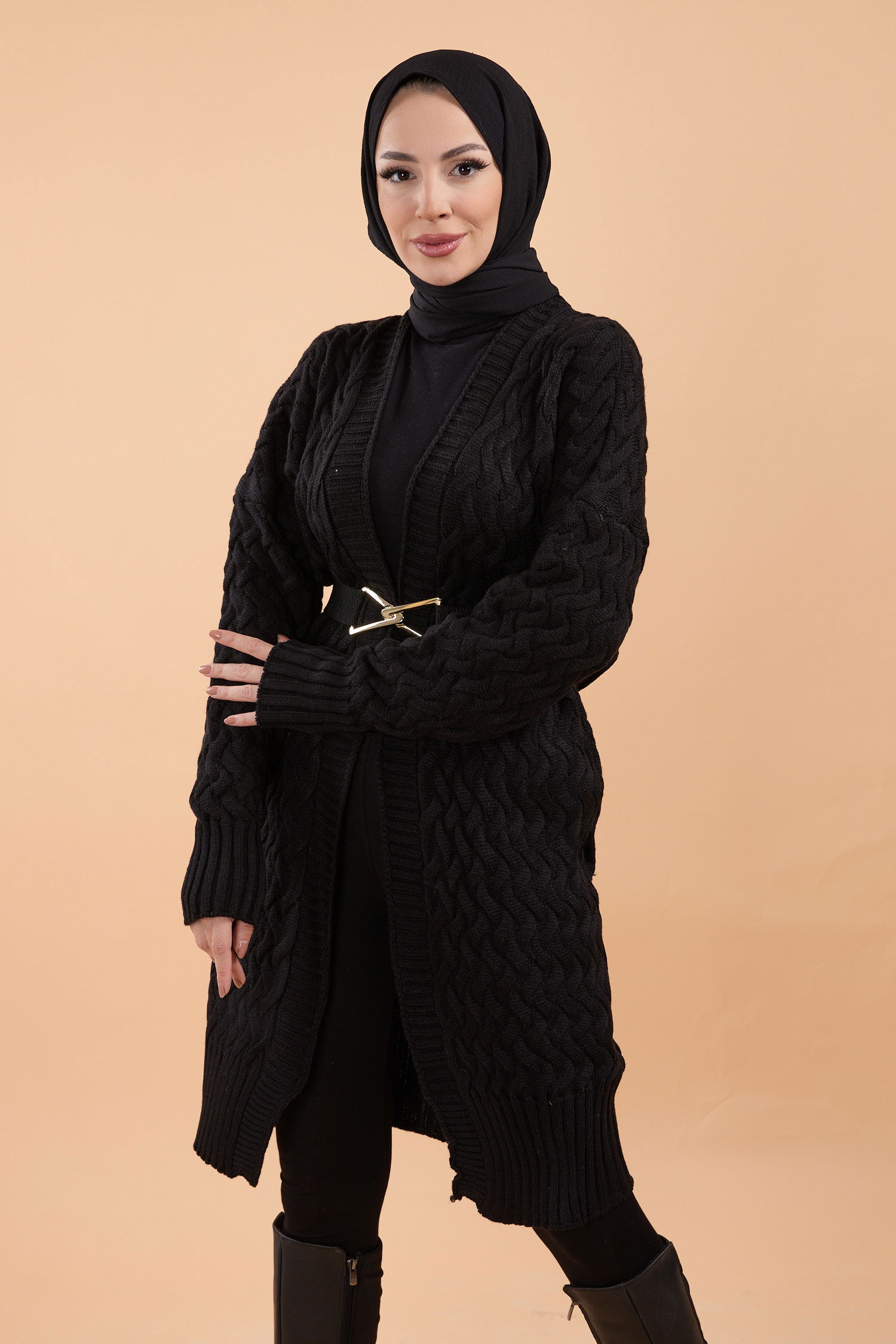 23766-SIYAH Örgü Desen Triko Hırka - 2