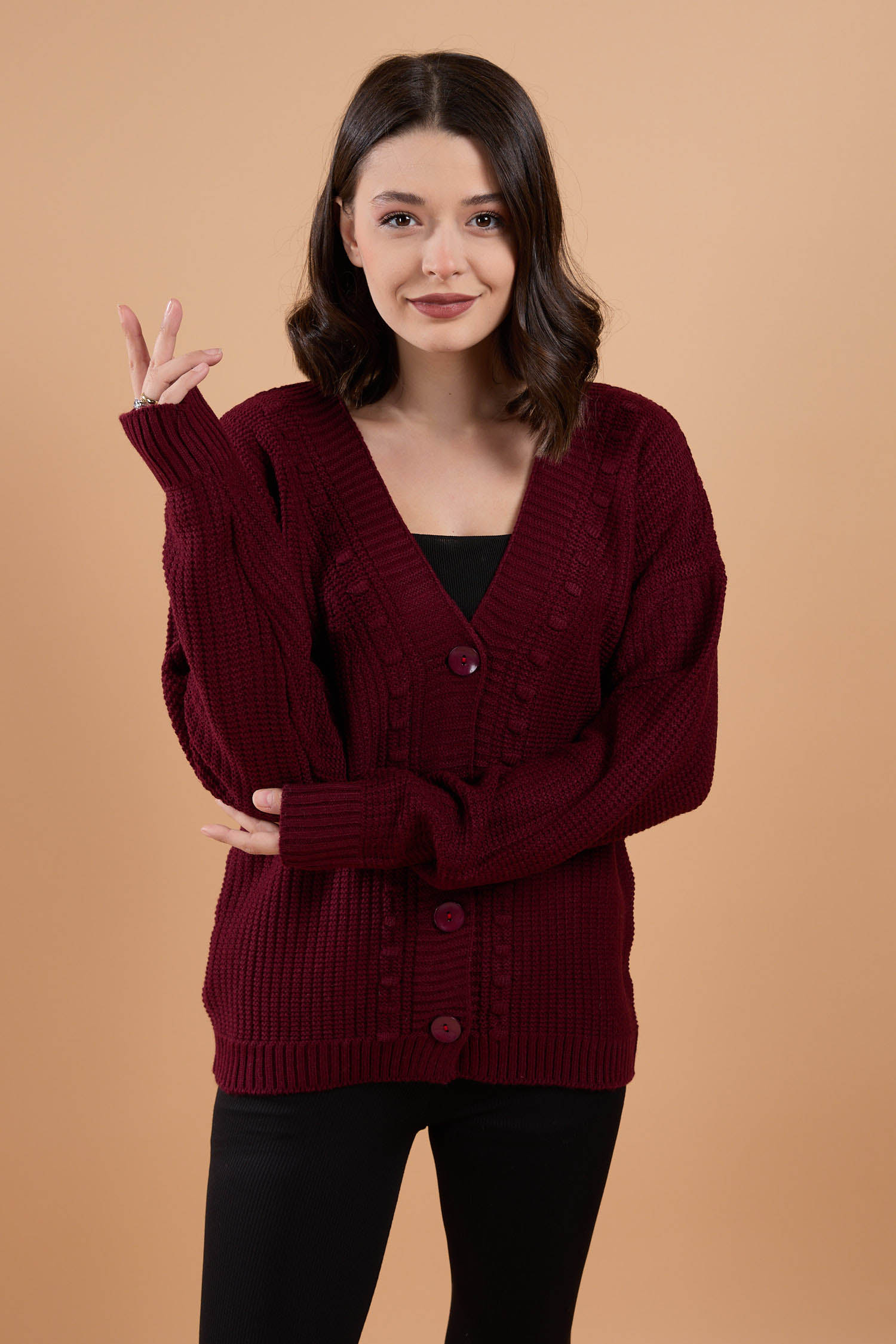 23768-BORDO Triko Hırka - 1