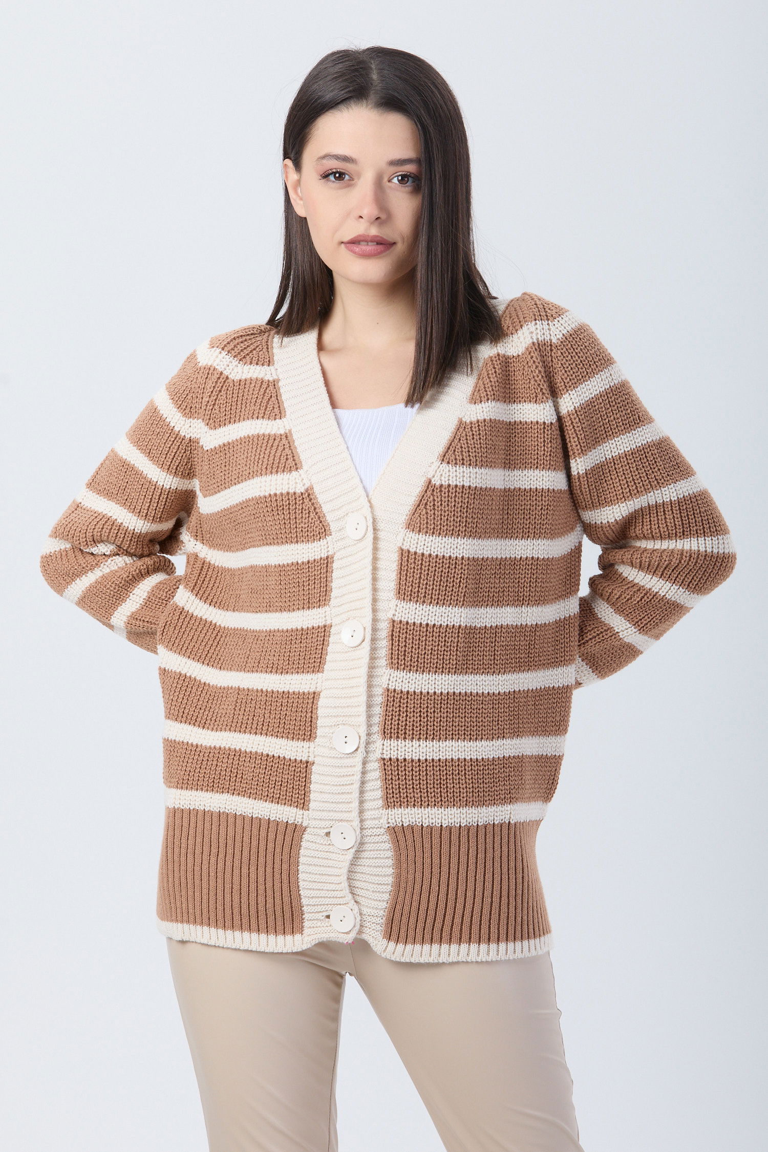 23769-KARAMEL Triko Hırka - 1