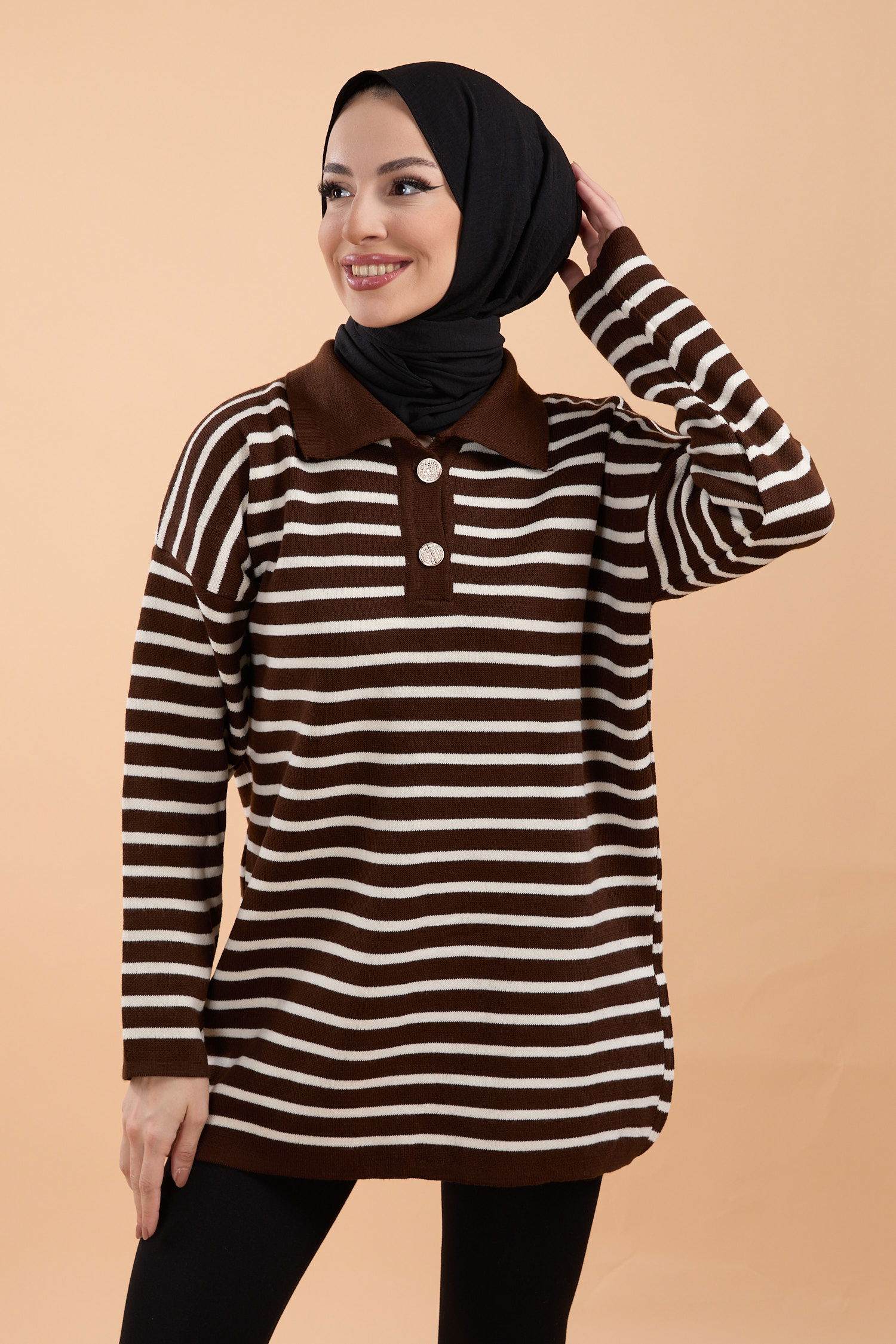 23784-KAHVE Metal Düğmeli Gömlek Yaka Çizgili Triko Tunik - 3