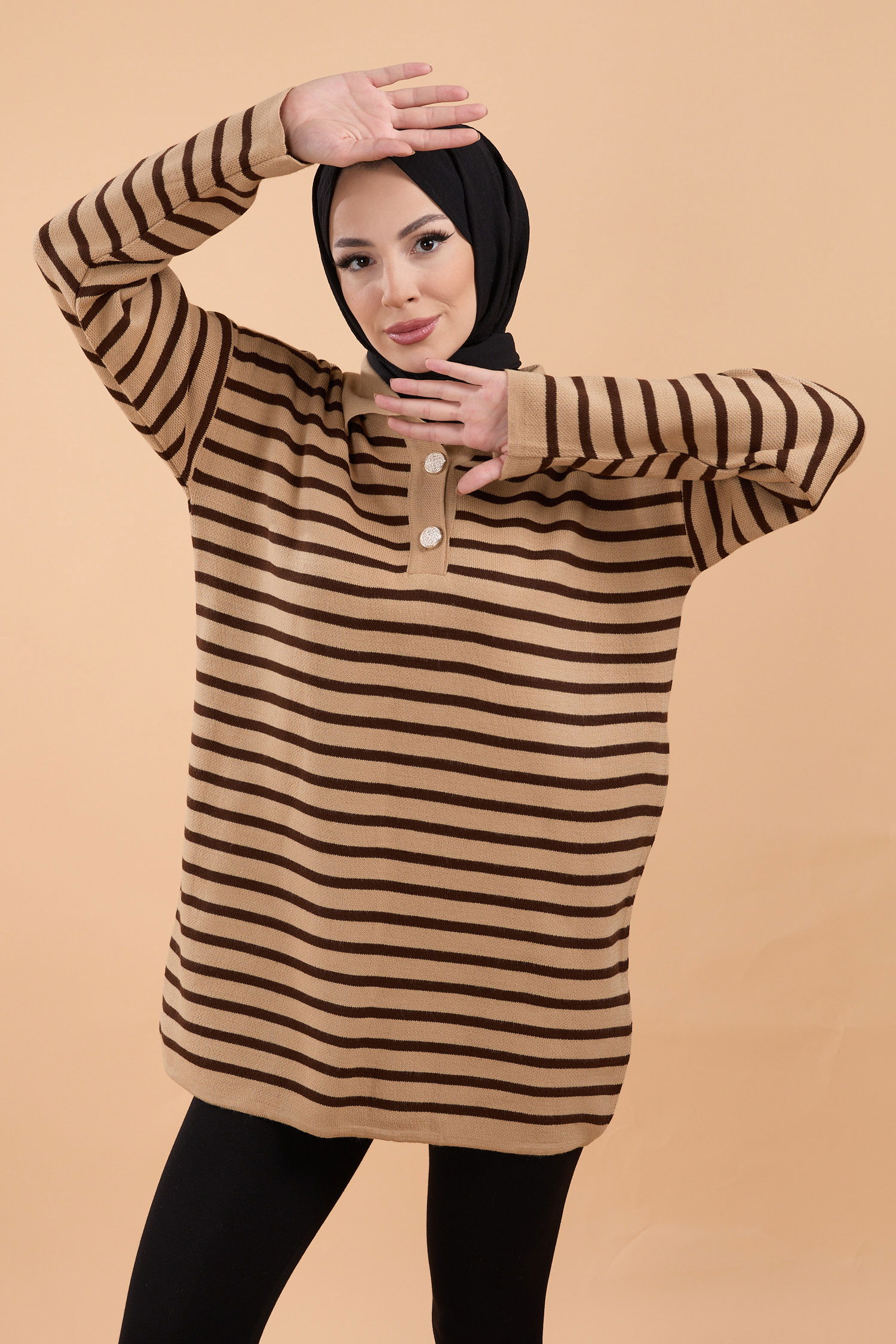 23784-VIZON Metal Düğmeli Gömlek Yaka Çizgili Triko Tunik - 2