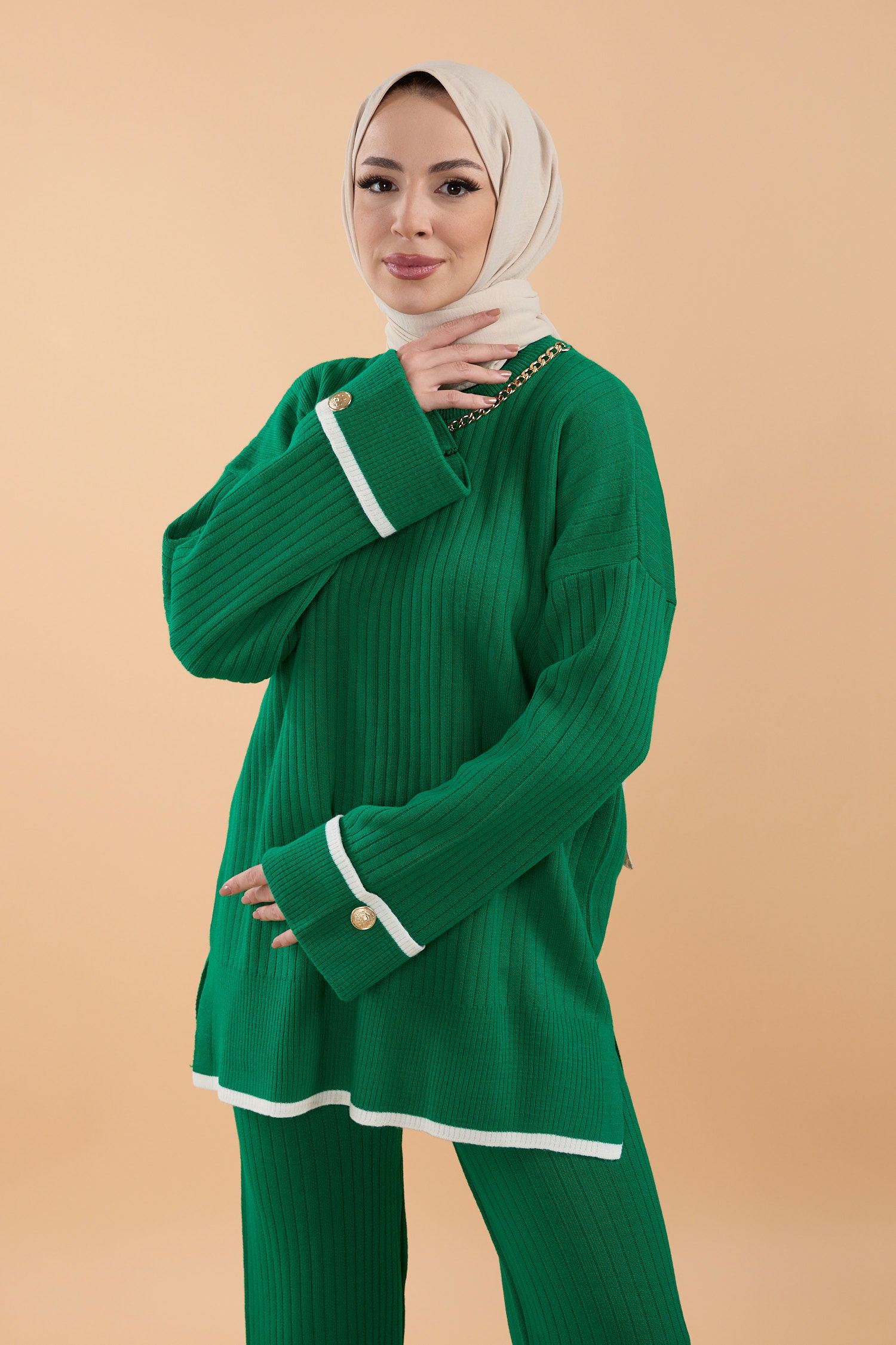 23791-YESIL Zincir Kolyeli İkili Triko Takım - 2