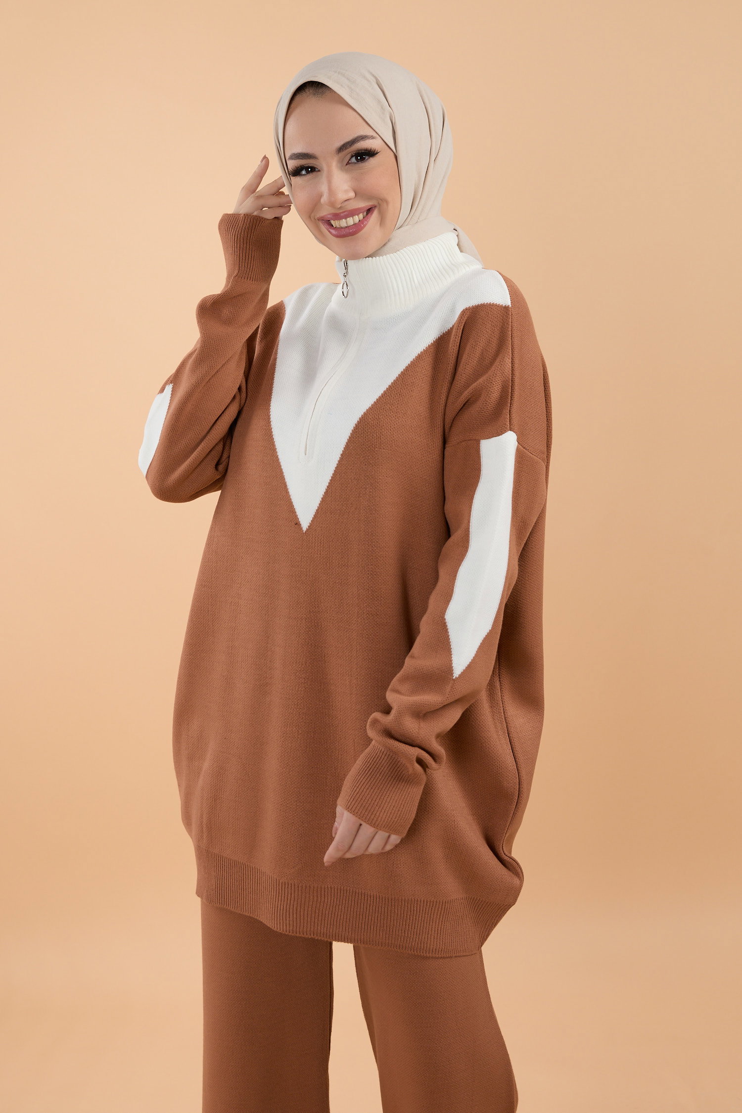 23792-TABA Yakası Fermuarlı Triko Takım - 4