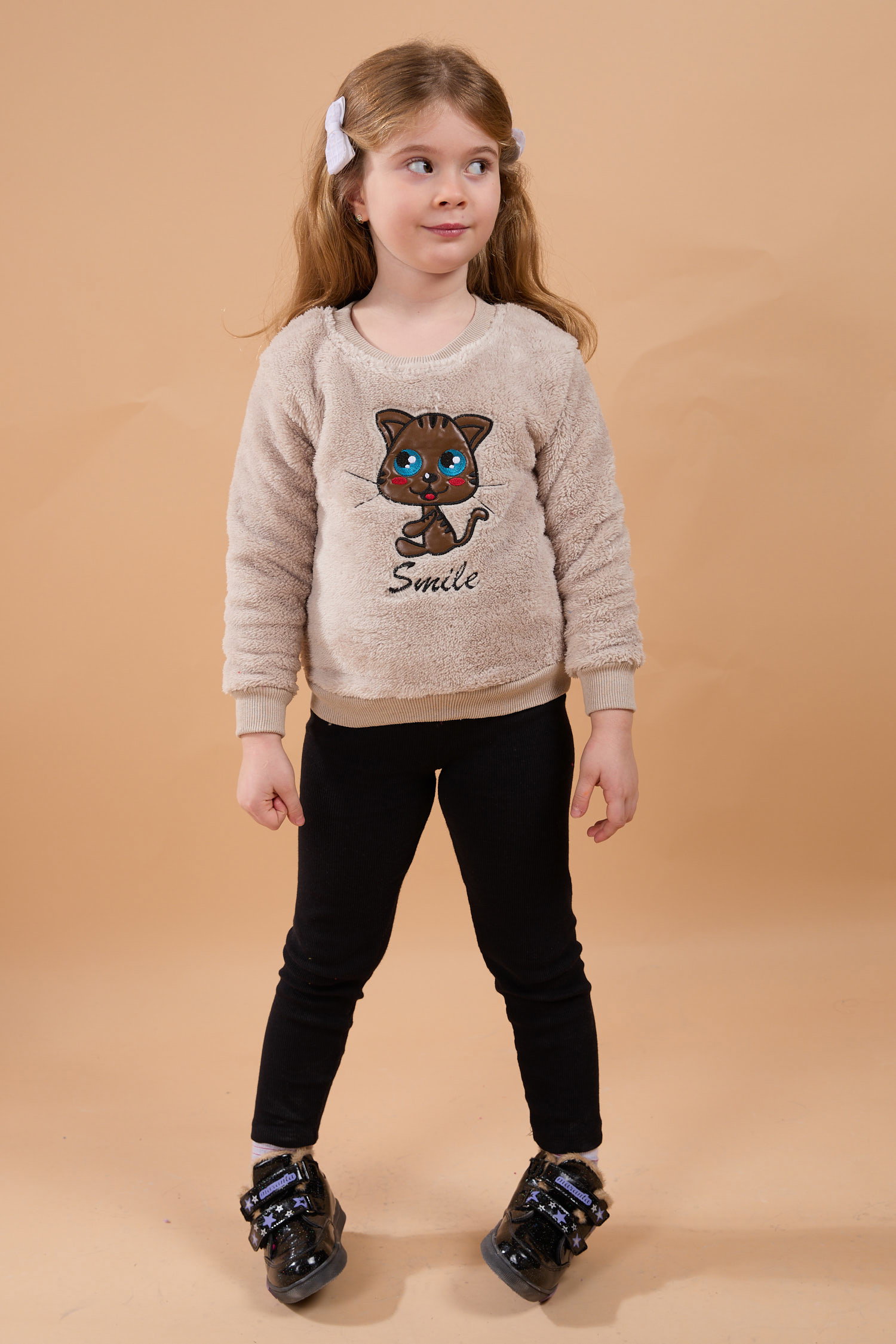 23793-BEJ Peluş Kız Çocuk Sweat - 1