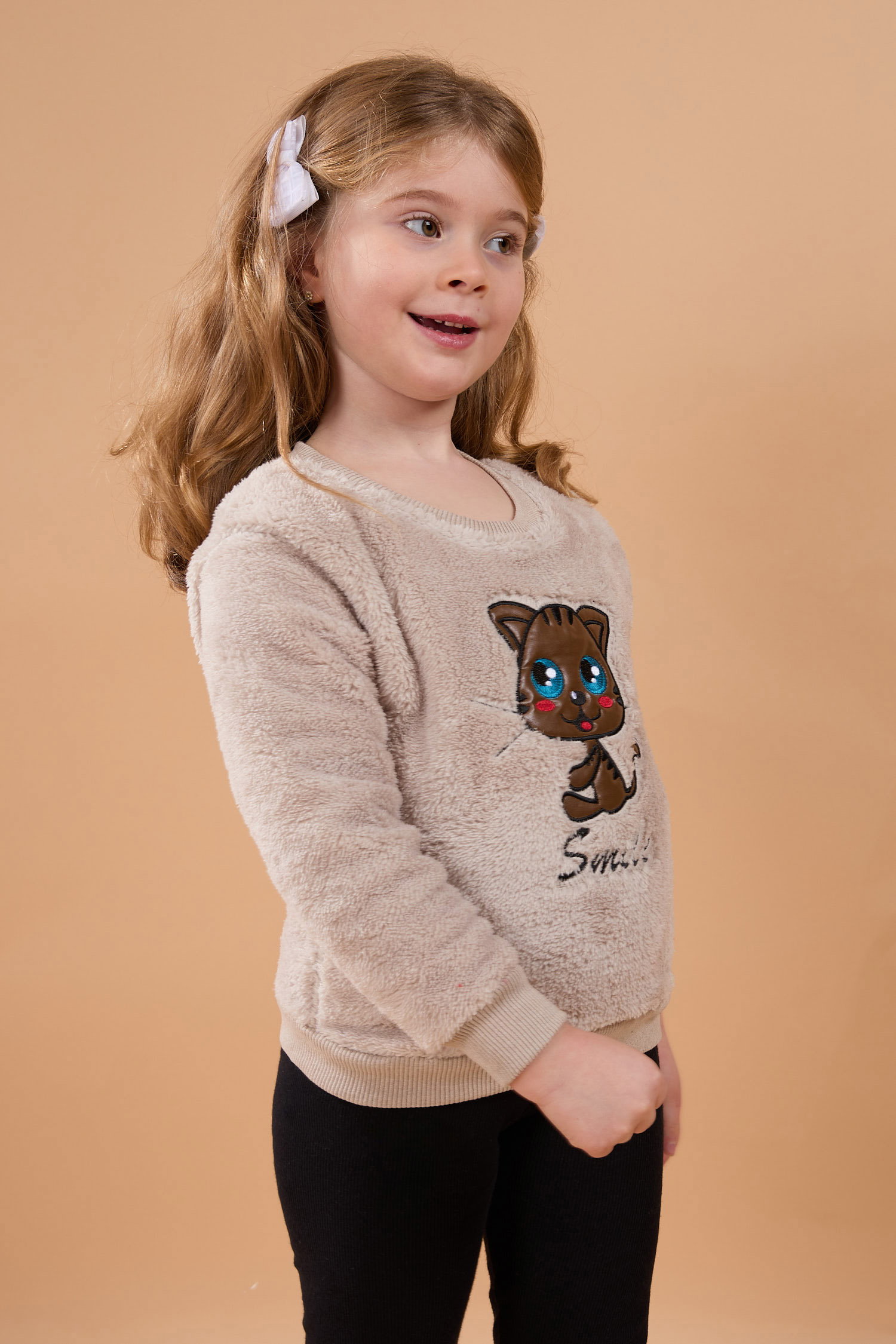 23793-BEJ Peluş Kız Çocuk Sweat - 2