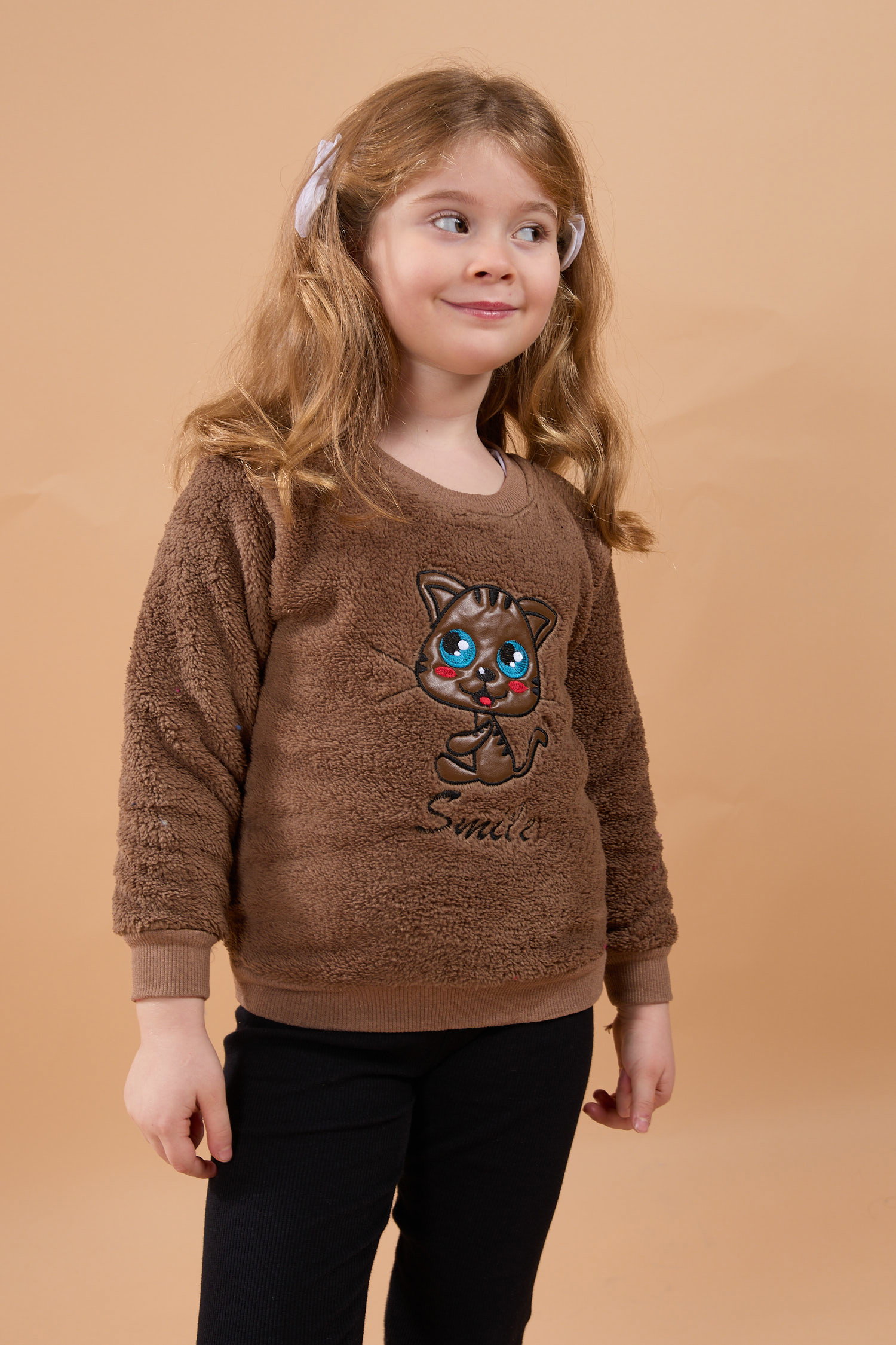 23793-KAHVE Peluş Kız Çocuk Sweat - 1