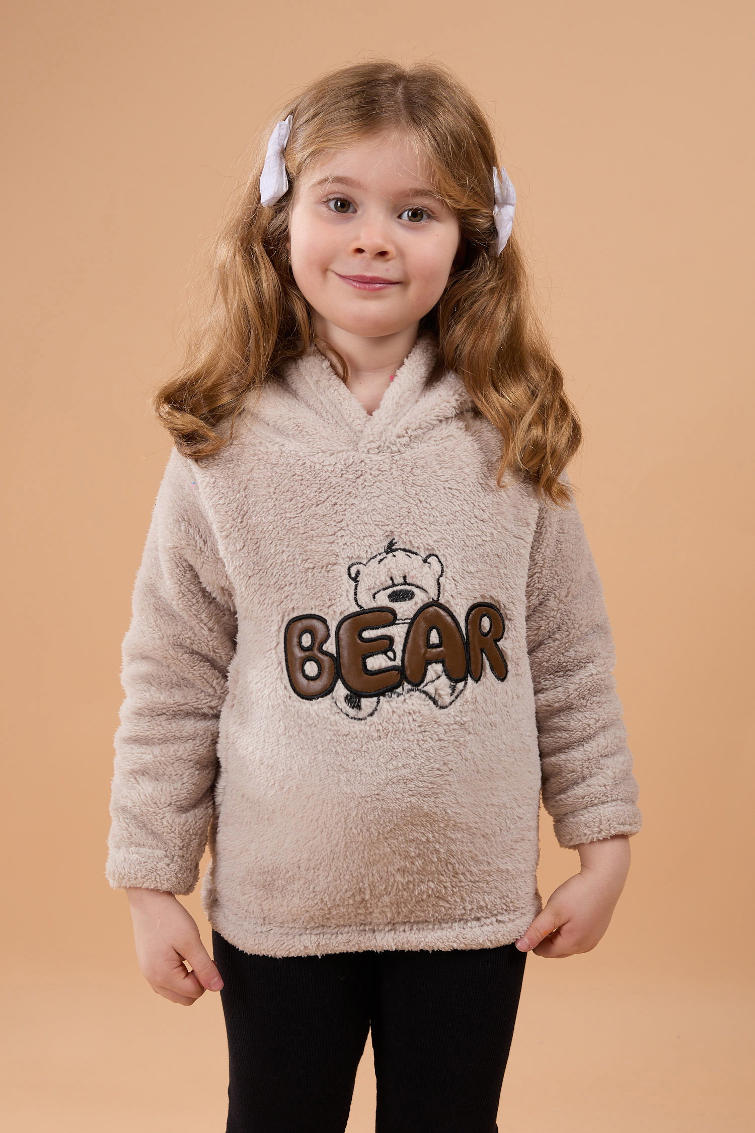 23794-BEJ Peluş Kız Çocuk Kapşonlu Sweat - 1