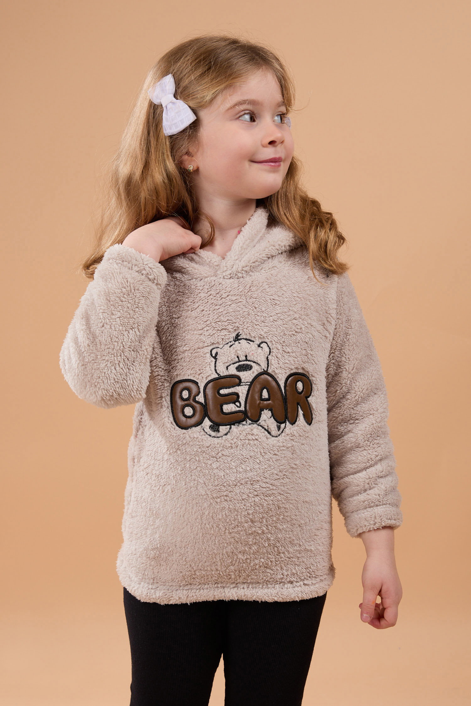 23794-BEJ Peluş Kız Çocuk Kapşonlu Sweat - 2