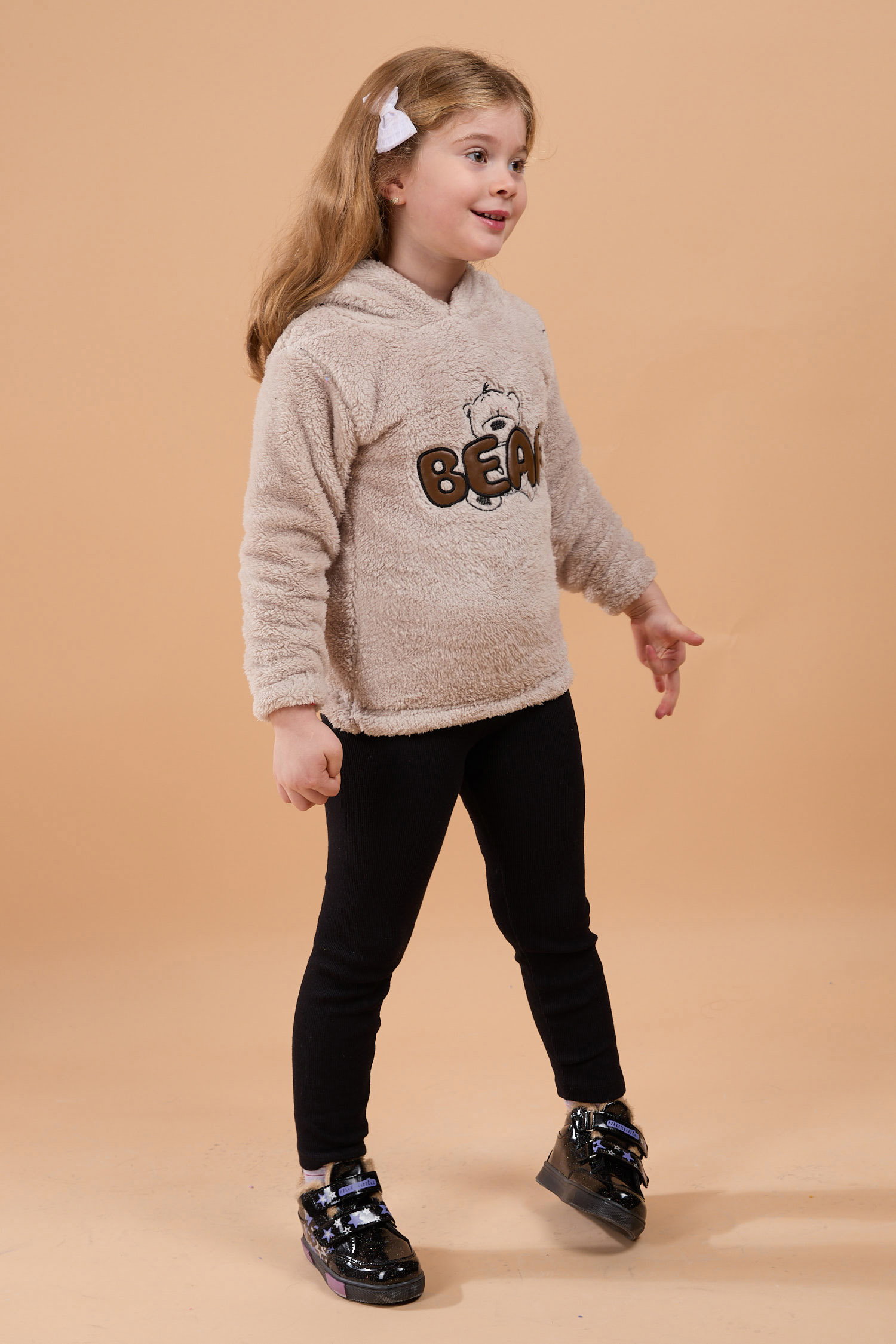 23794-BEJ Peluş Kız Çocuk Kapşonlu Sweat - 3