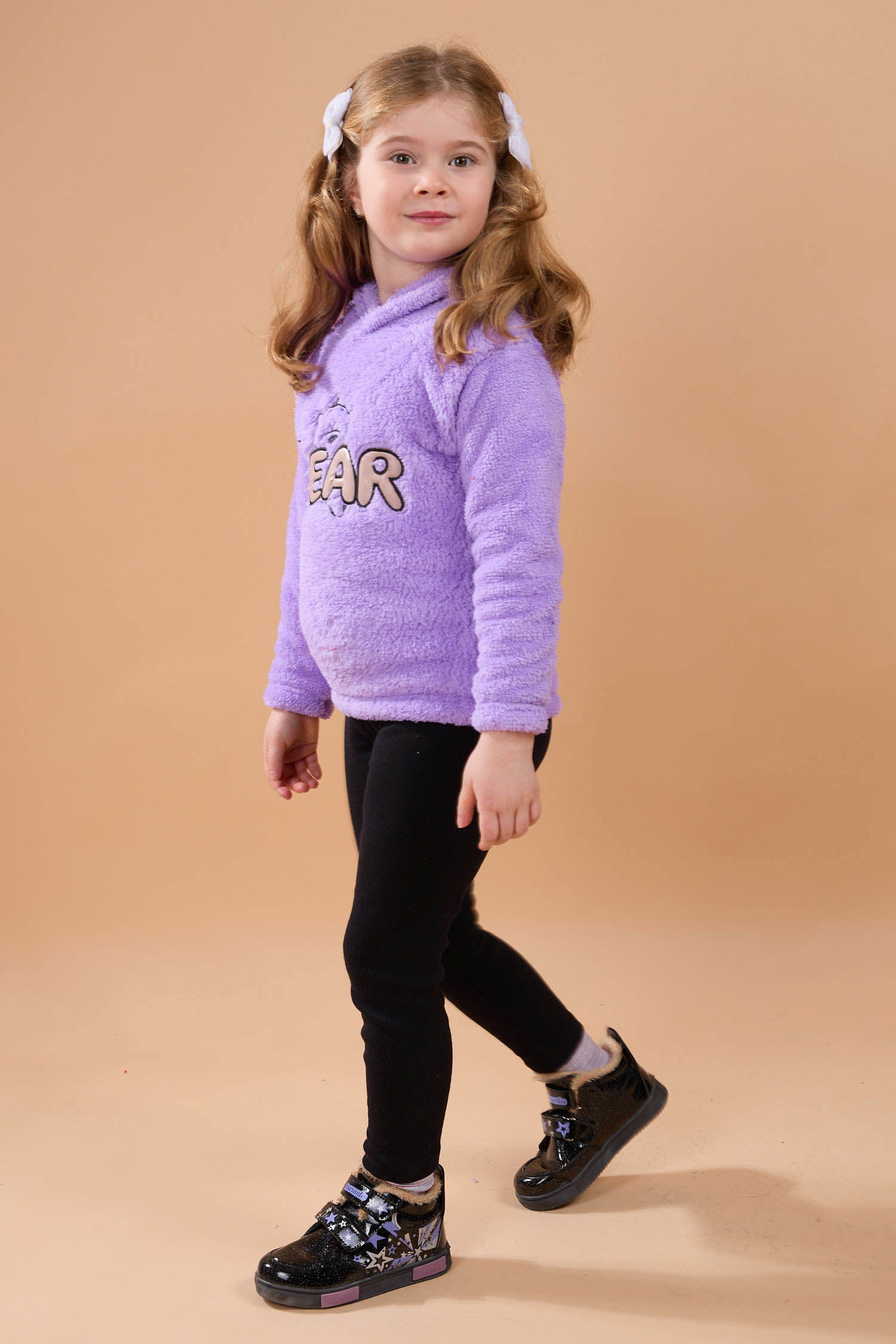 23794-LILA Peluş Kız Çocuk Kapşonlu Sweat - 1