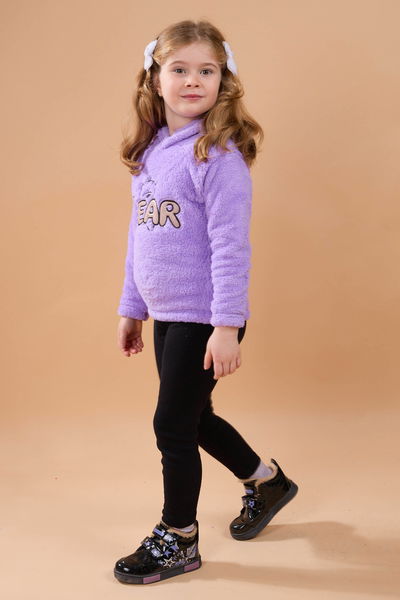 23794-LILA Peluş Kız Çocuk Kapşonlu Sweat 