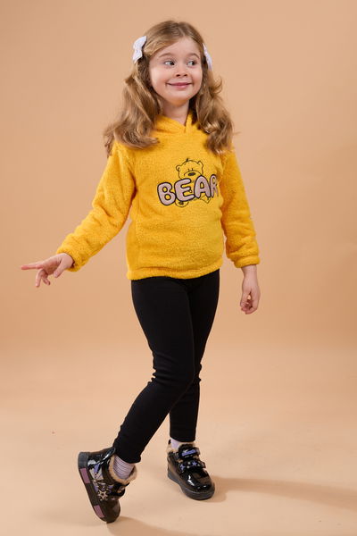 23794-SARI Peluş Kız Çocuk Kapşonlu Sweat 