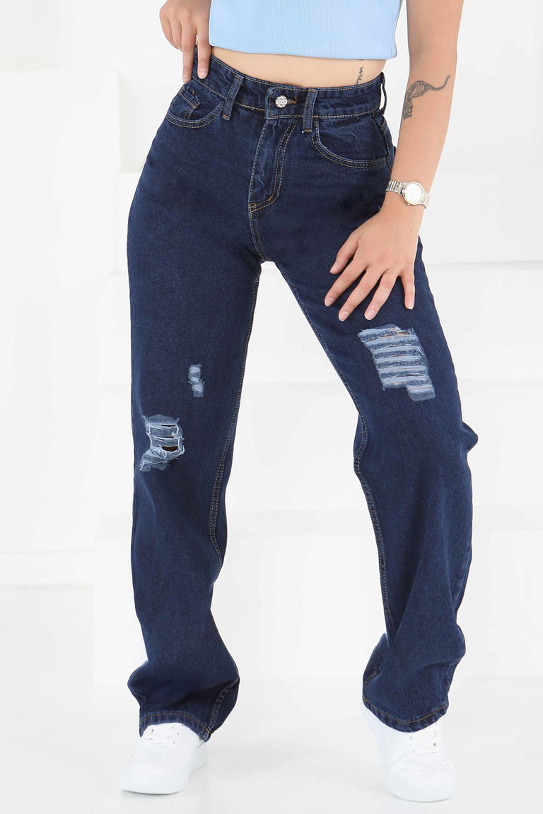 23807-KOYU-MAVI Palazzo Lazerli Kot Pantolon - TOFİSA