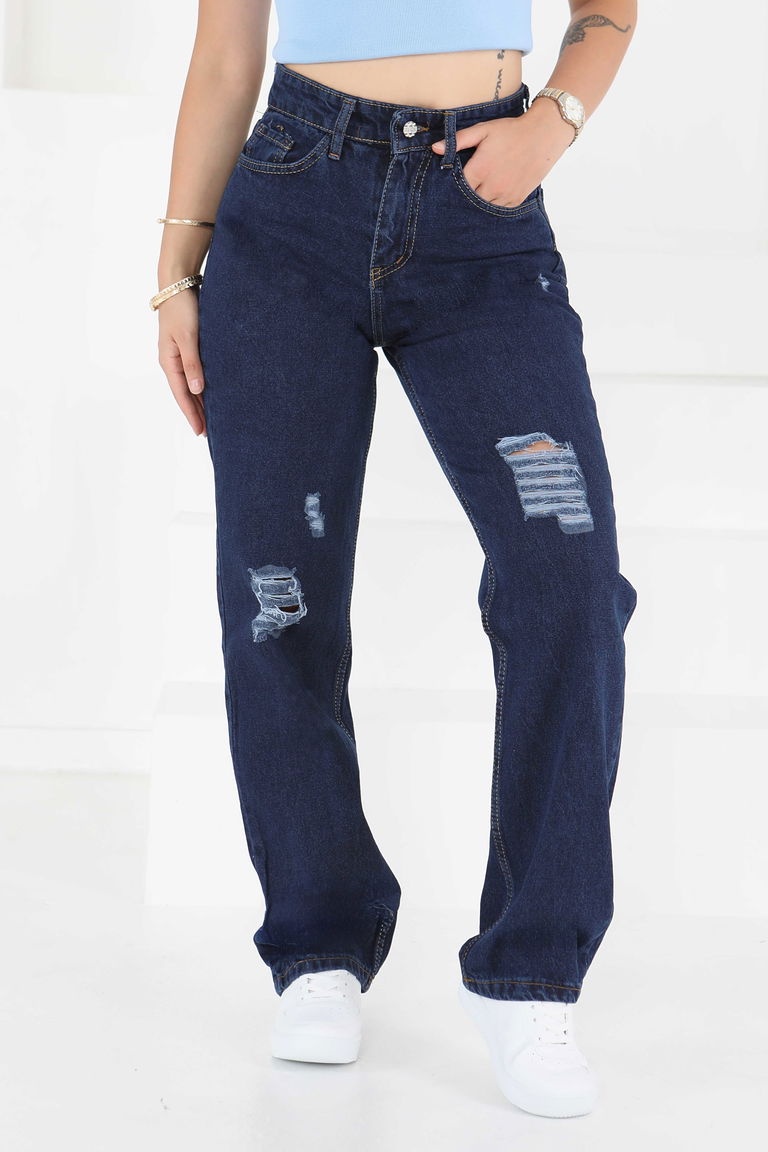 23807-KOYU-MAVI Palazzo Lazerli Kot Pantolon - TOFİSA