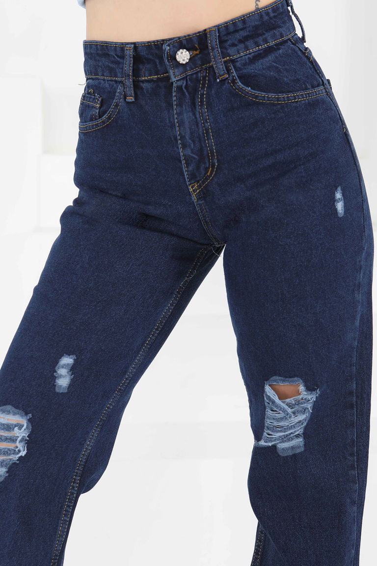 23807-KOYU-MAVI Palazzo Lazerli Kot Pantolon - TOFİSA