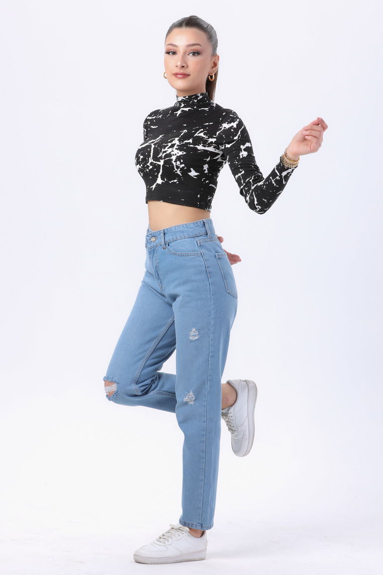 23809-BUZ-MAVI Mom Jeans Kot Pantolon - TOFİSA