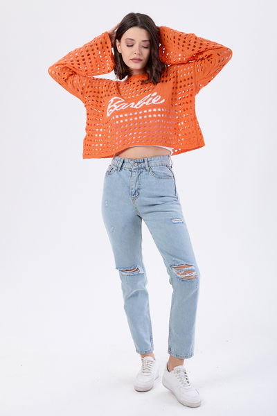 Mom Jeans Lazerli Kot Pantolon Buz Mavi Kar - 23810 
