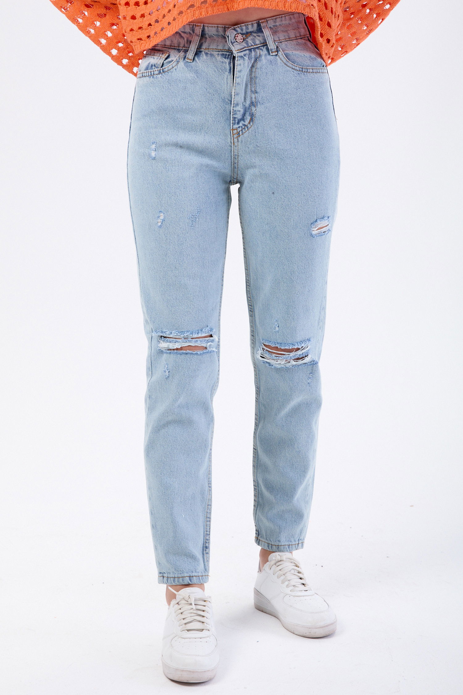 Mom Jeans Lazerli Kot Pantolon Buz Mavi Kar - 23810 - 2