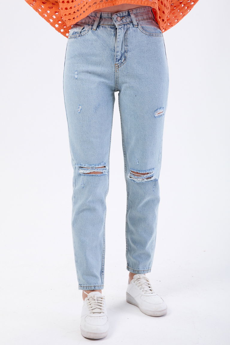 Mom Jeans Lazerli Kot Pantolon Buz Mavi Kar - 23810 - TOFİSA
