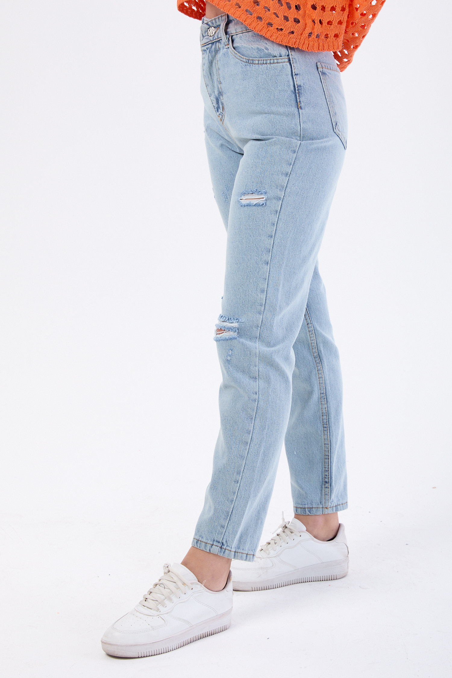 Mom Jeans Lazerli Kot Pantolon Buz Mavi Kar - 23810 - 3