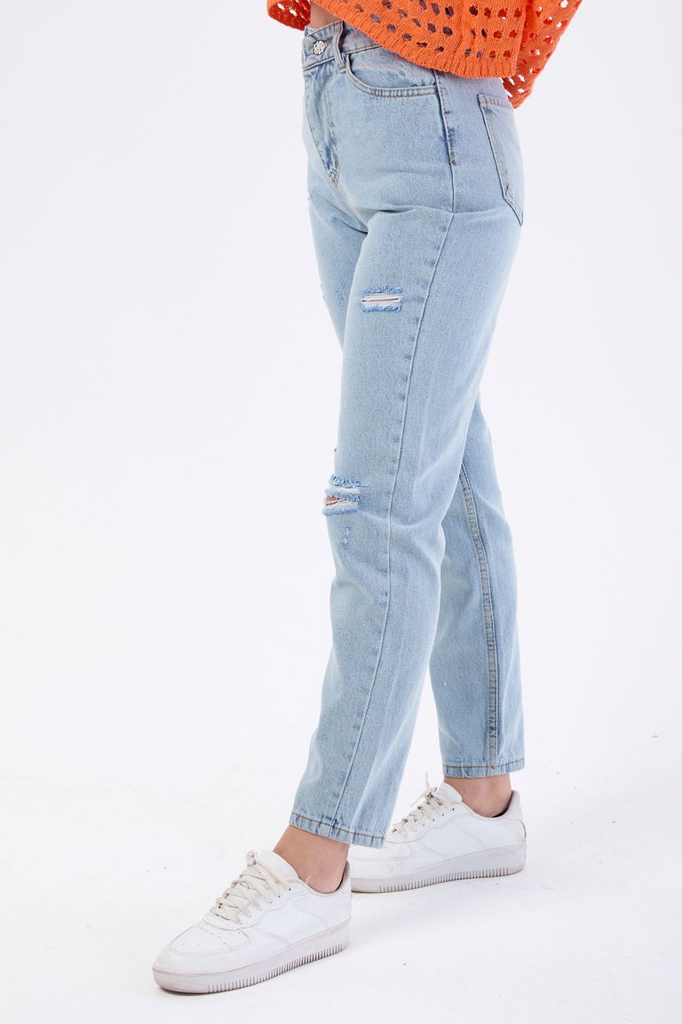 Mom Jeans Lazerli Kot Pantolon Buz Mavi Kar - 23810 - TOFİSA